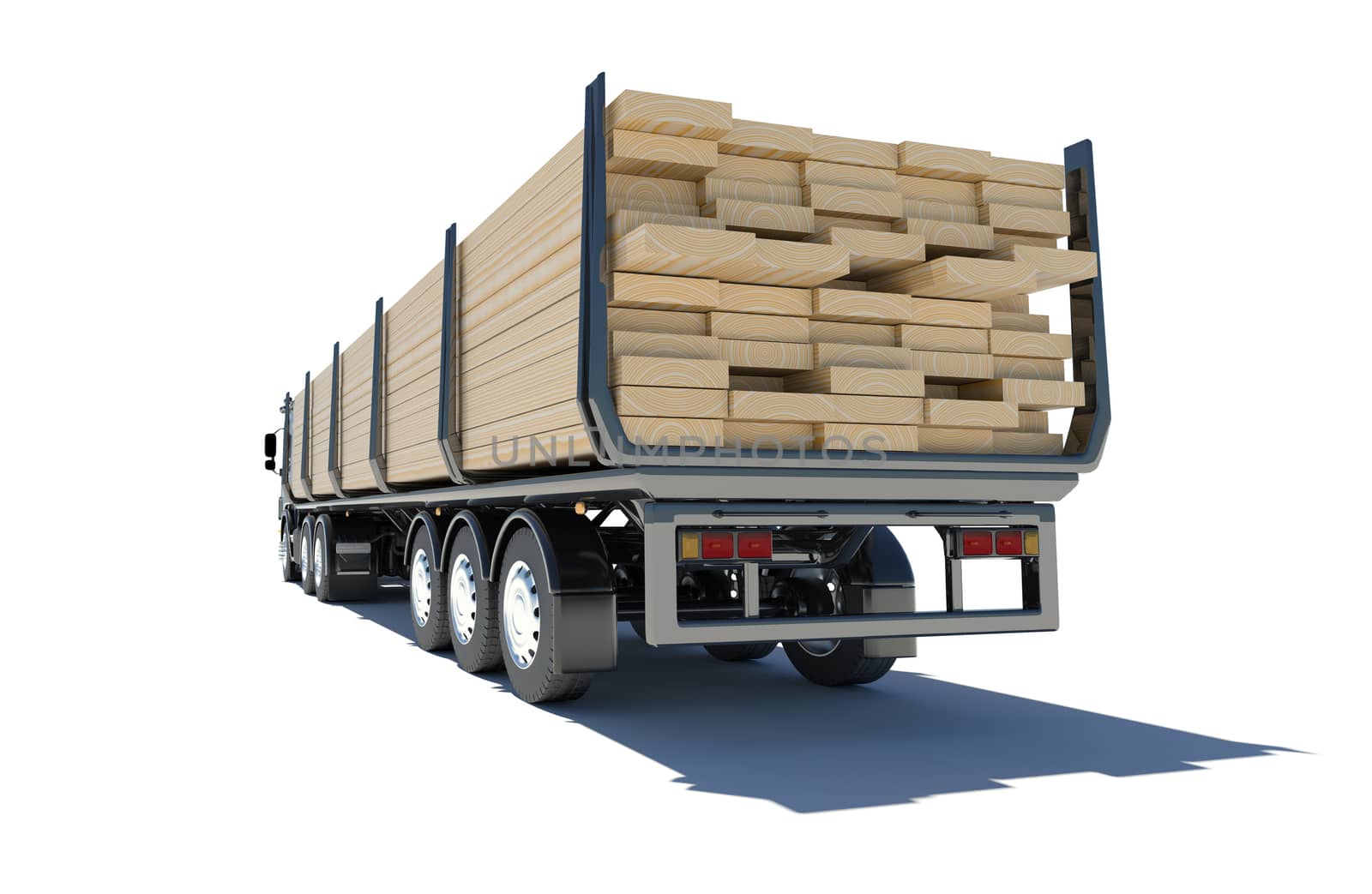 Truck transporting lumber. Rear view. Isolated render on a white background