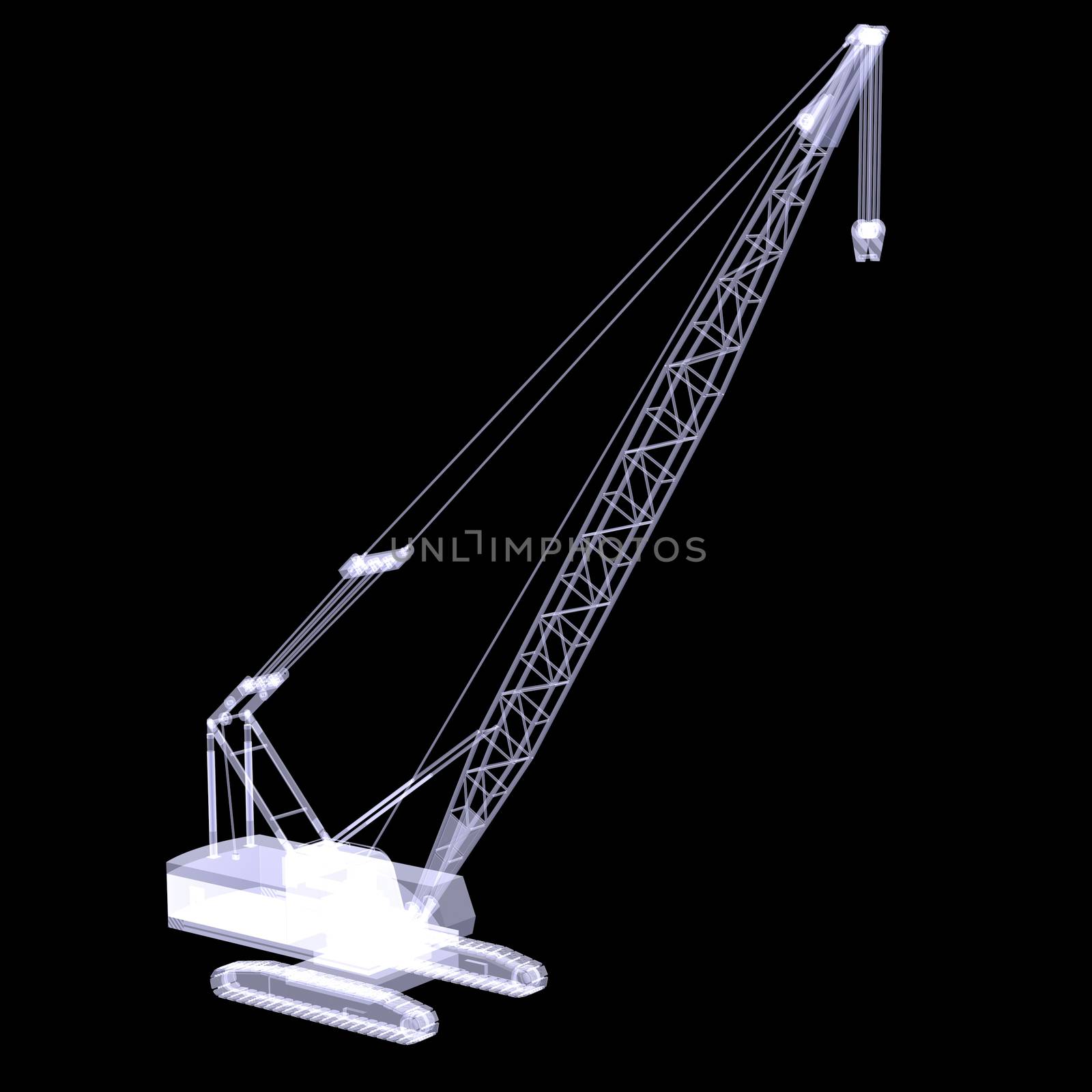 Crawler crane. X-ray render on black background