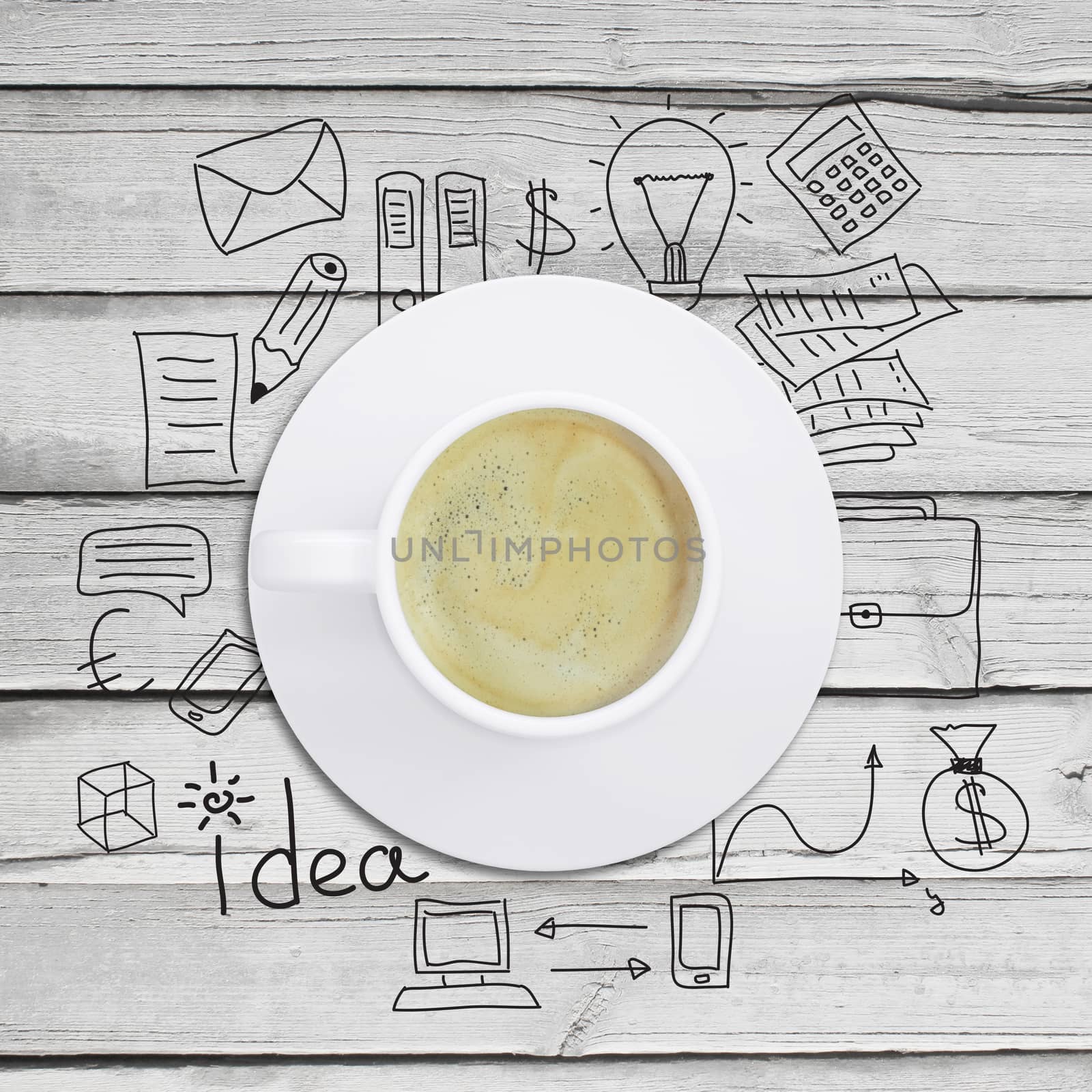 Conceptual image of cup of coffee with business sketches at background