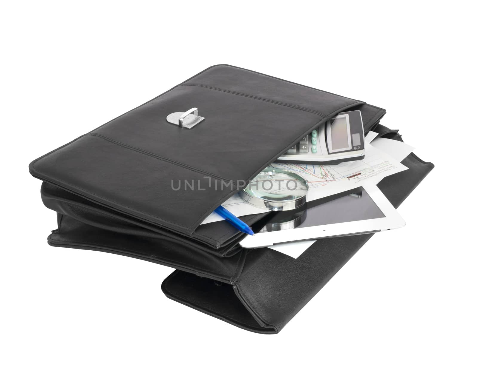 Open black briefcase and business objects by cherezoff