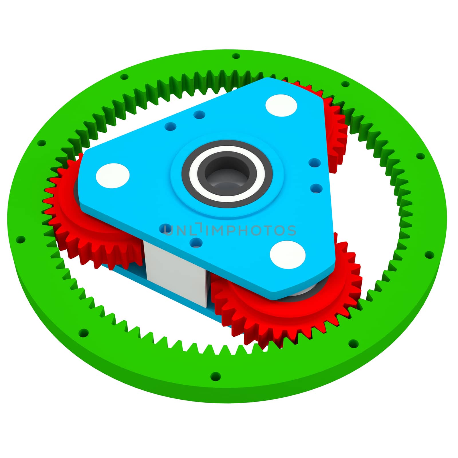 Mechanism of colored gears. Isolated render on a white background