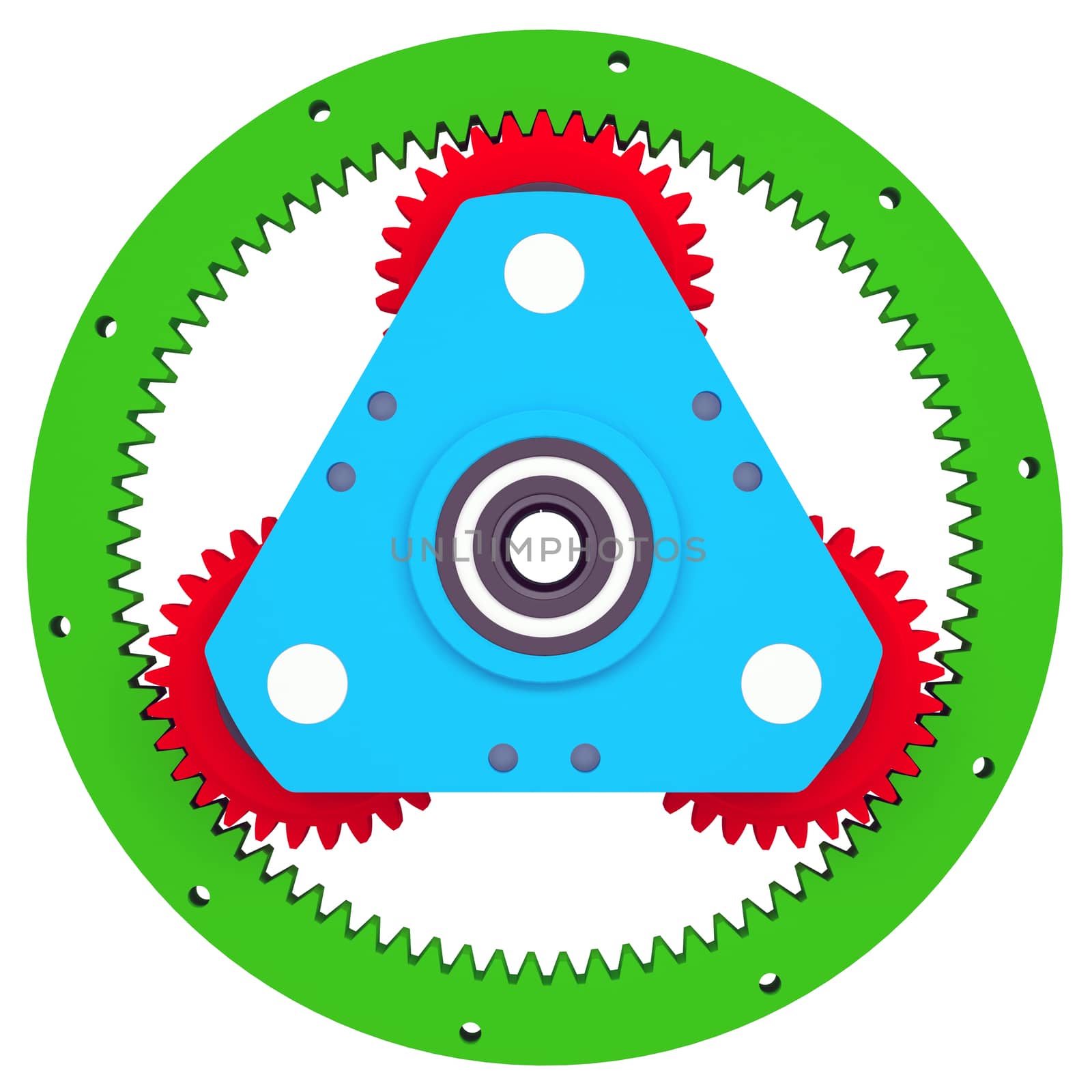 Mechanism of colored gears. Isolated render on a white background