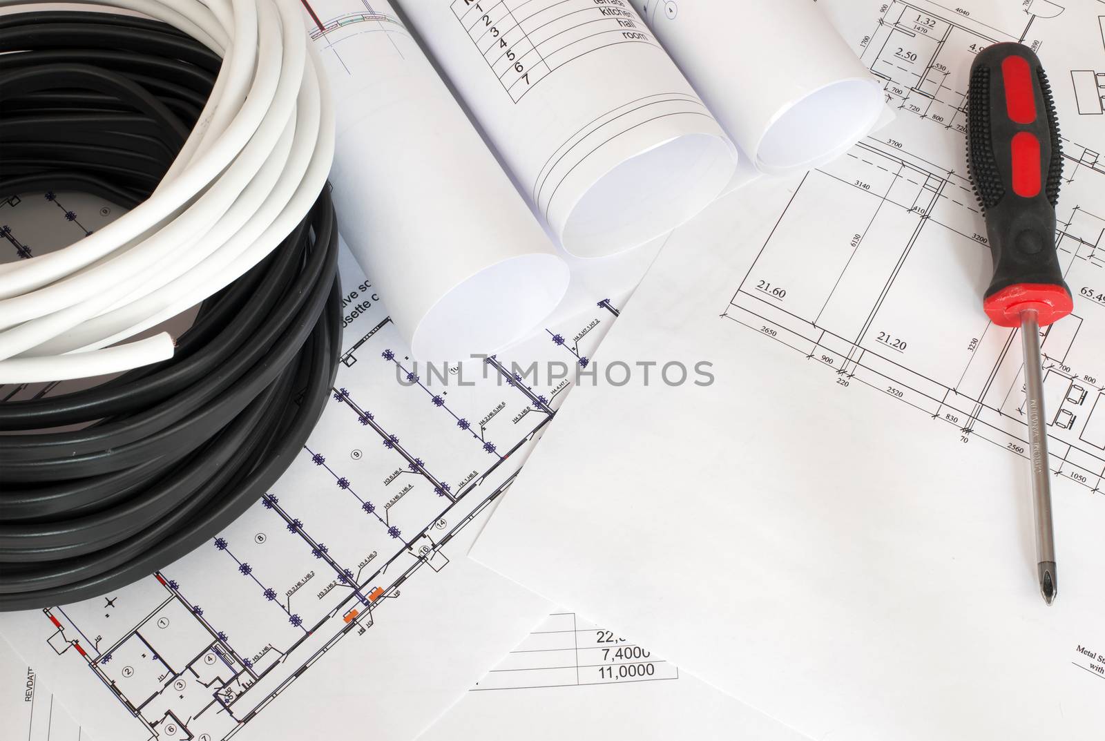 Electrical cable on the construction drawings. Repair and construction of electric systems