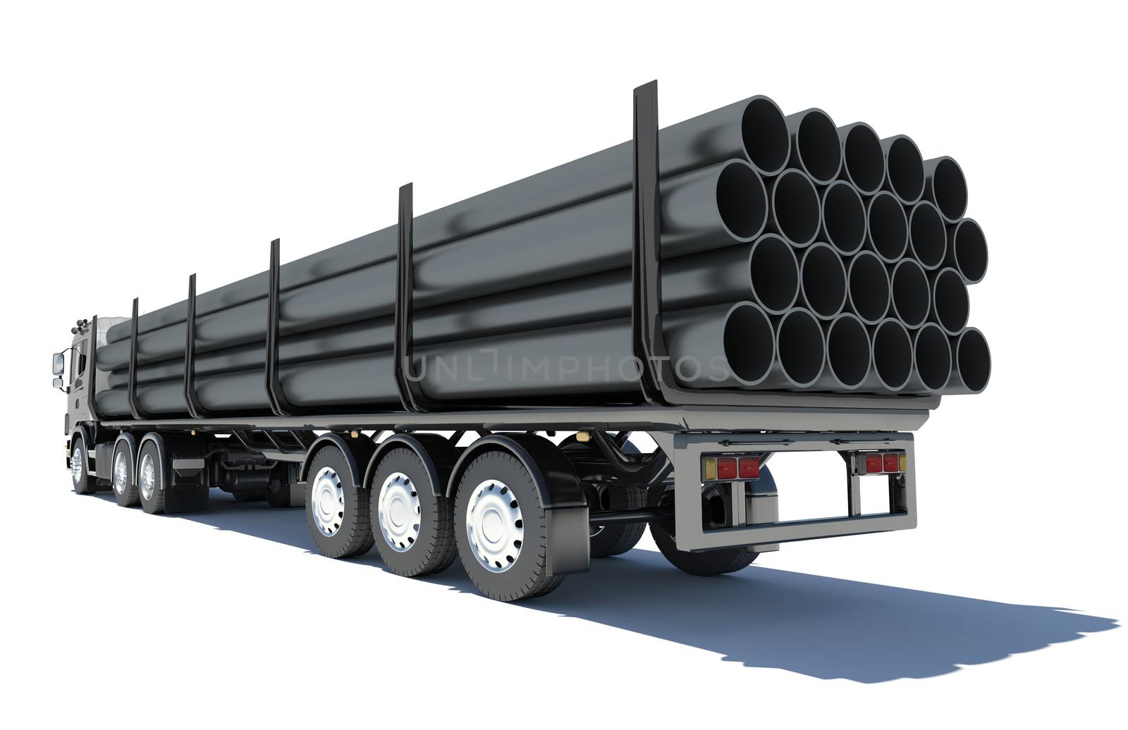 Truck transporting pipe. Rear view. Isolated render on a white background