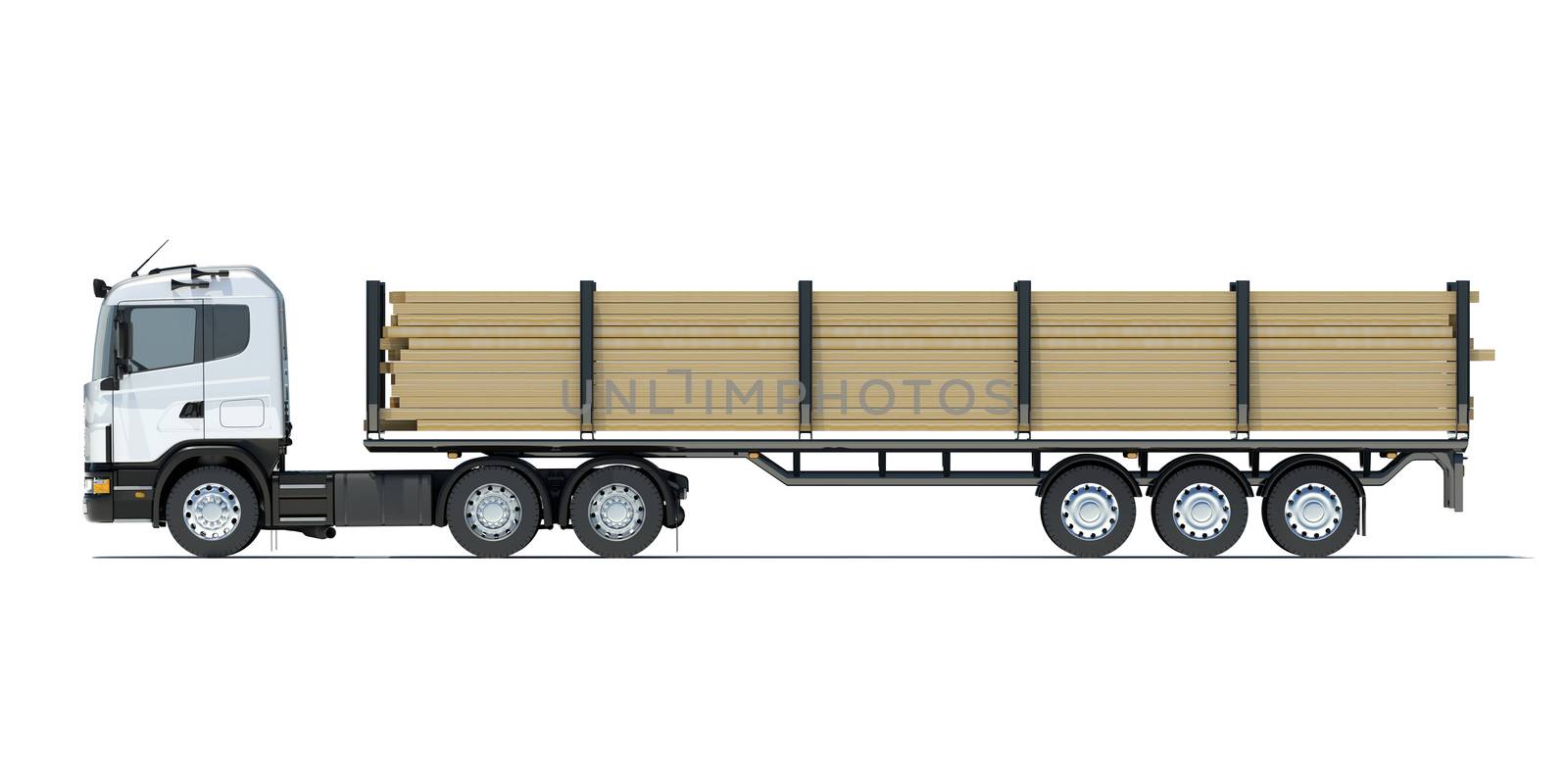 Truck transporting lumber. Isolated render on a white background