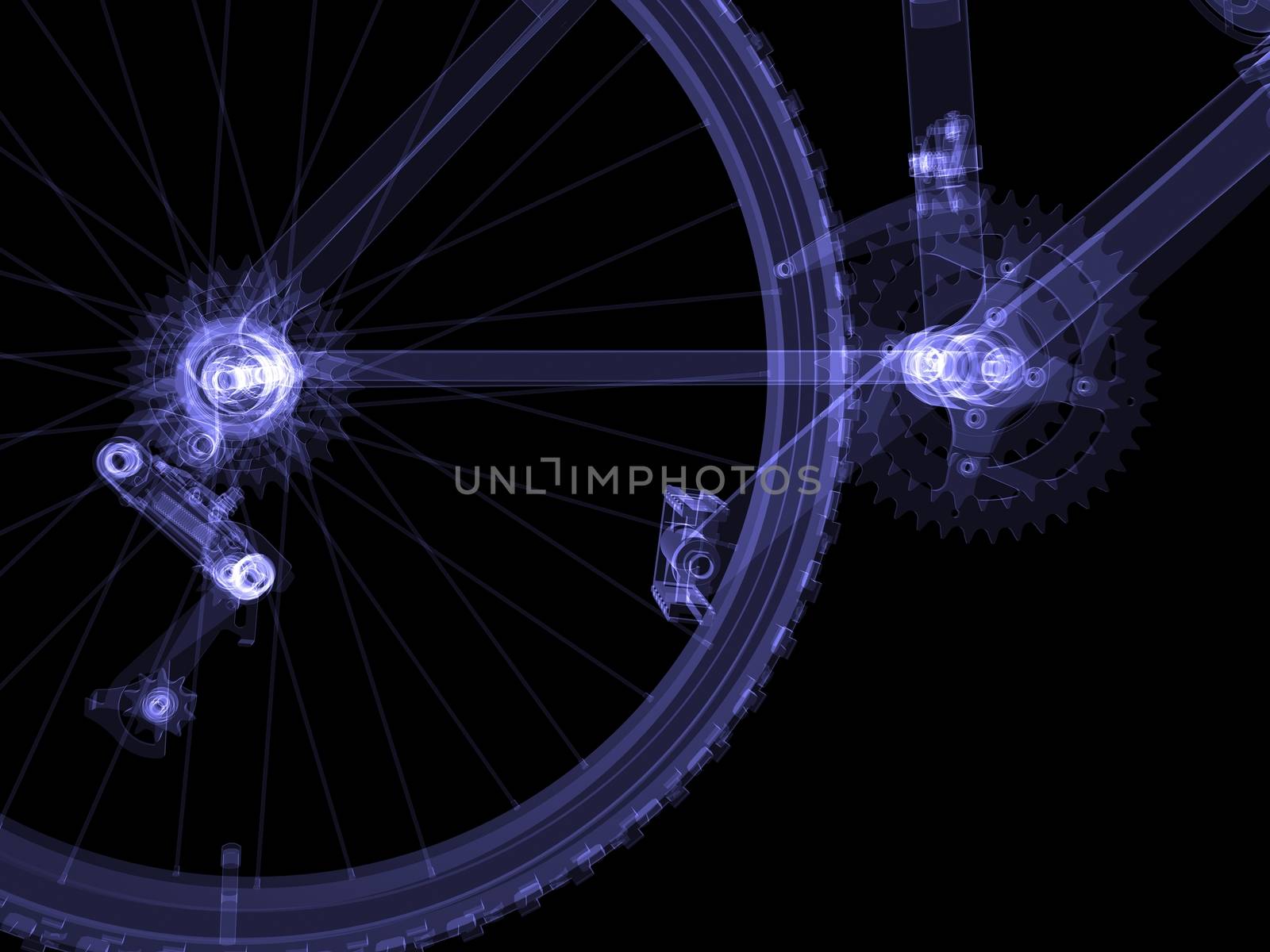 Bicycle. Wheel. X-ray render on black background