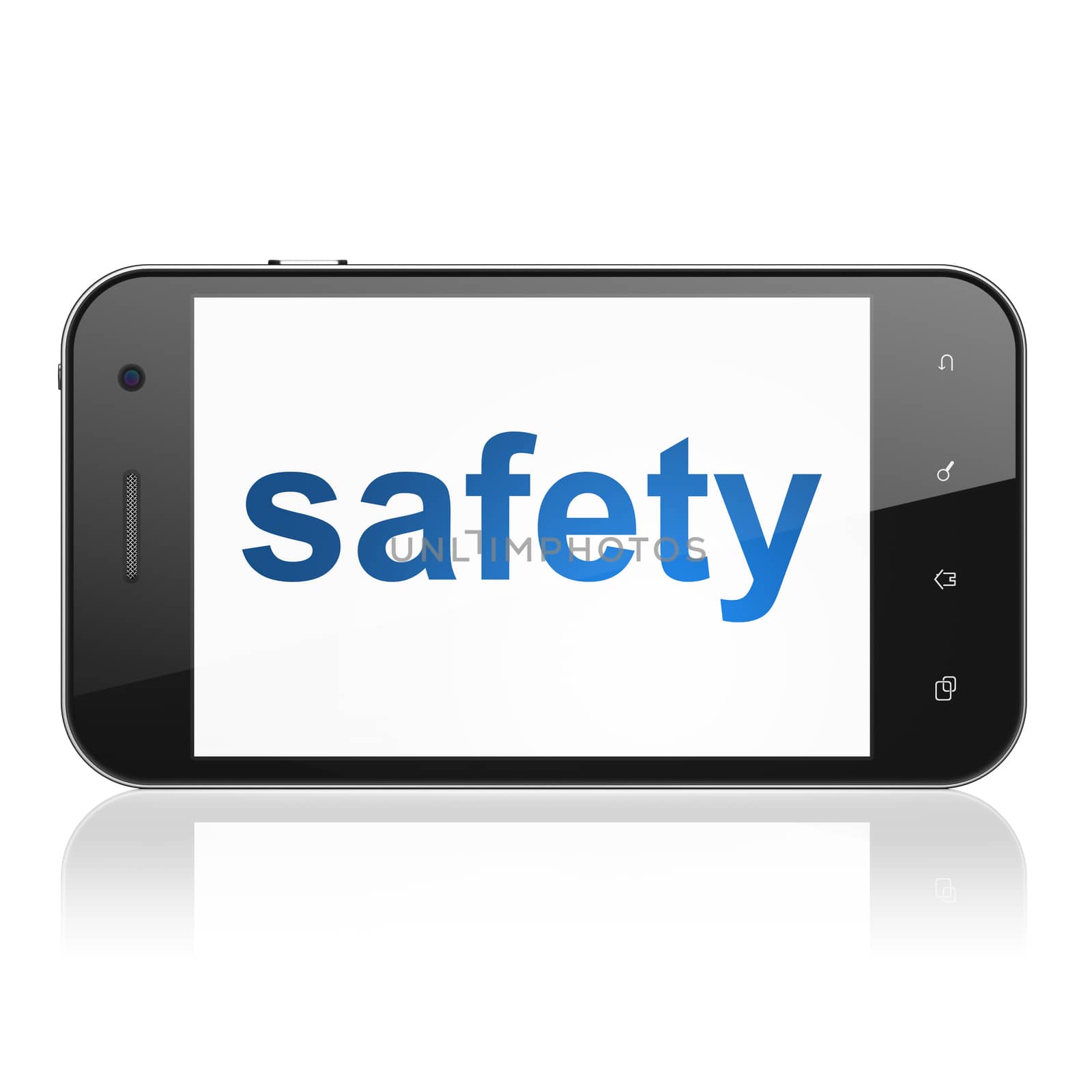 Safety concept: smartphone with text Safety on display. Mobile smart phone on White background, cell phone 3d render