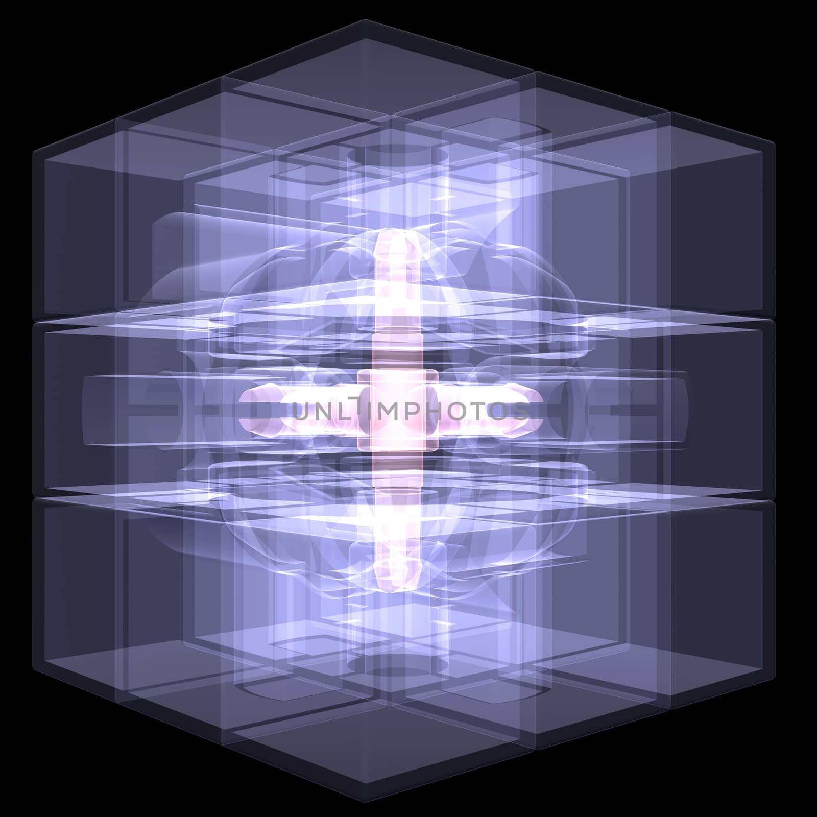 Several cubes connected by one core. X-ray render isolated on black background