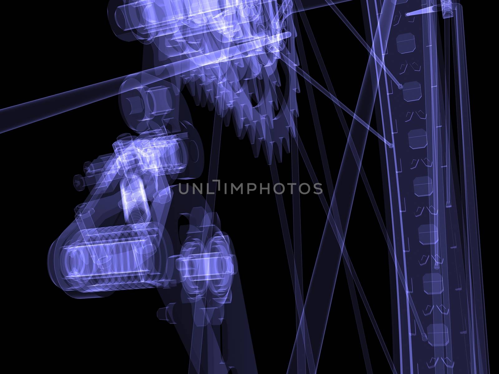 Bicycle. Wheel. X-ray render on black background