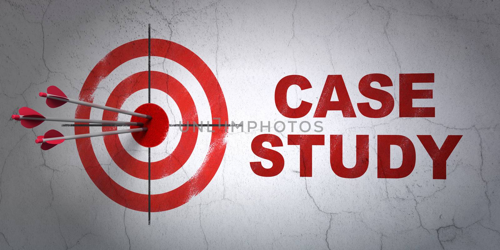 Success Education concept: arrows hitting the center of target, Red Case Study on wall background, 3d render