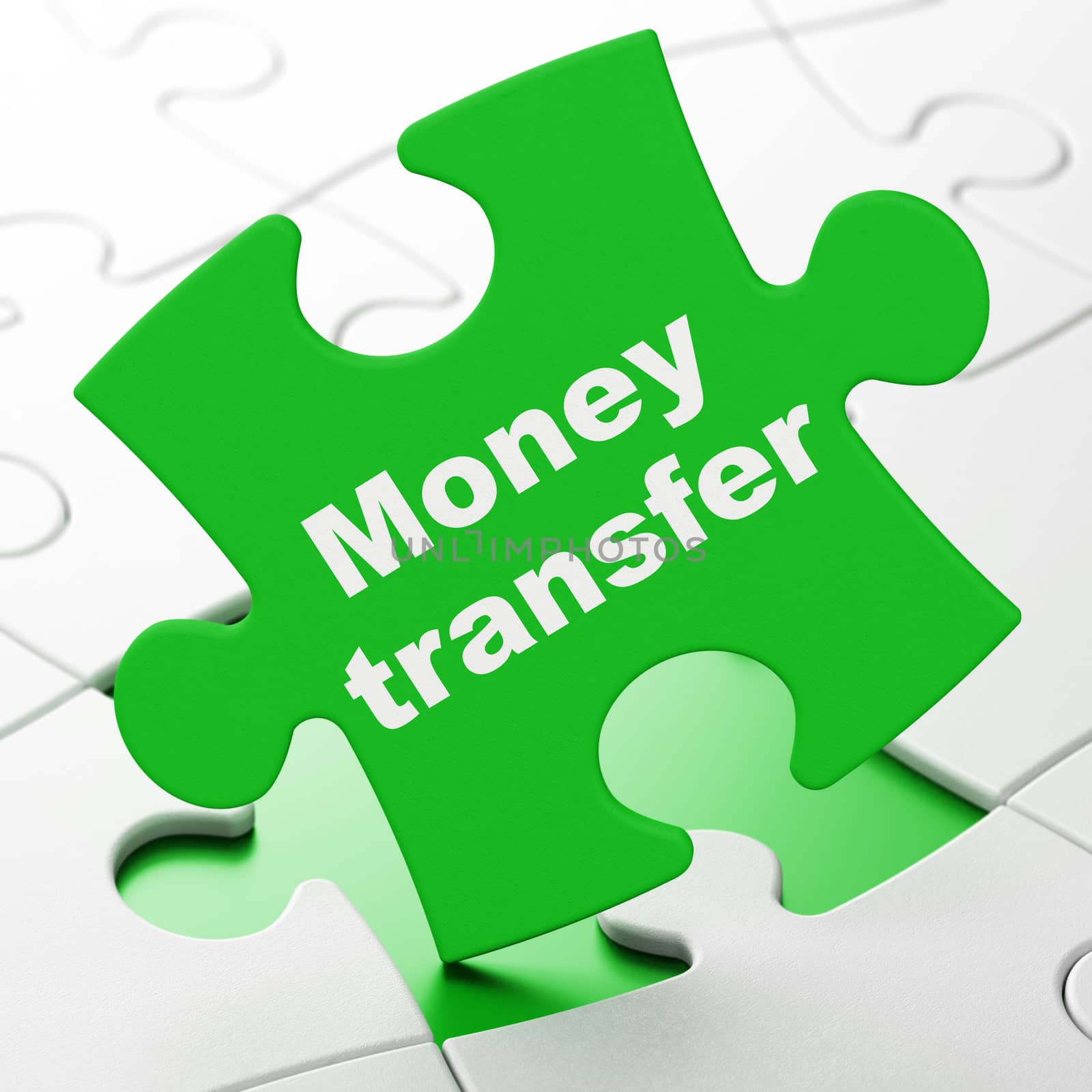 Business concept: Money Transfer on Green puzzle pieces background, 3d render