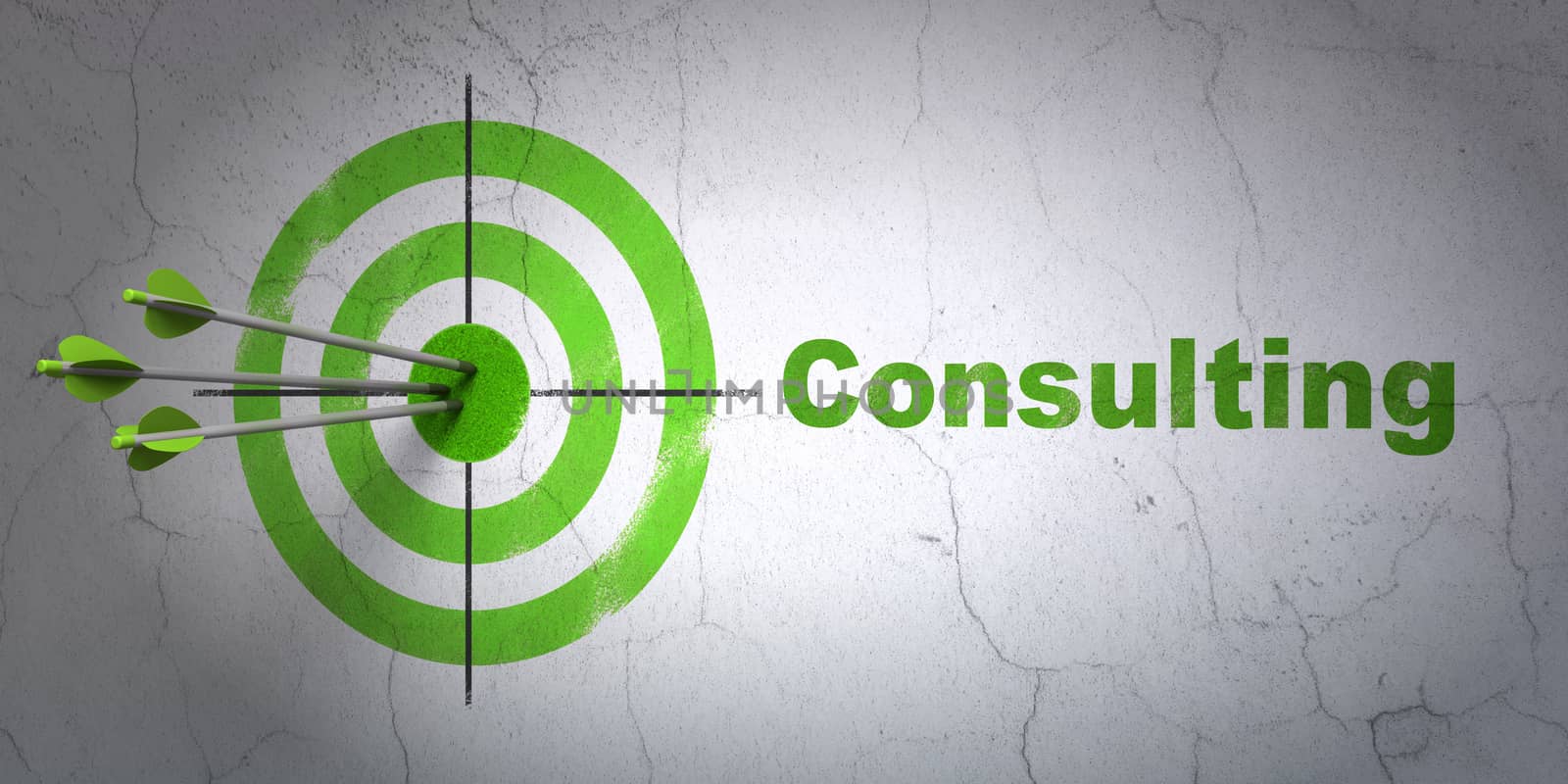 Success business concept: arrows hitting the center of target, Green Consulting on wall background, 3d render
