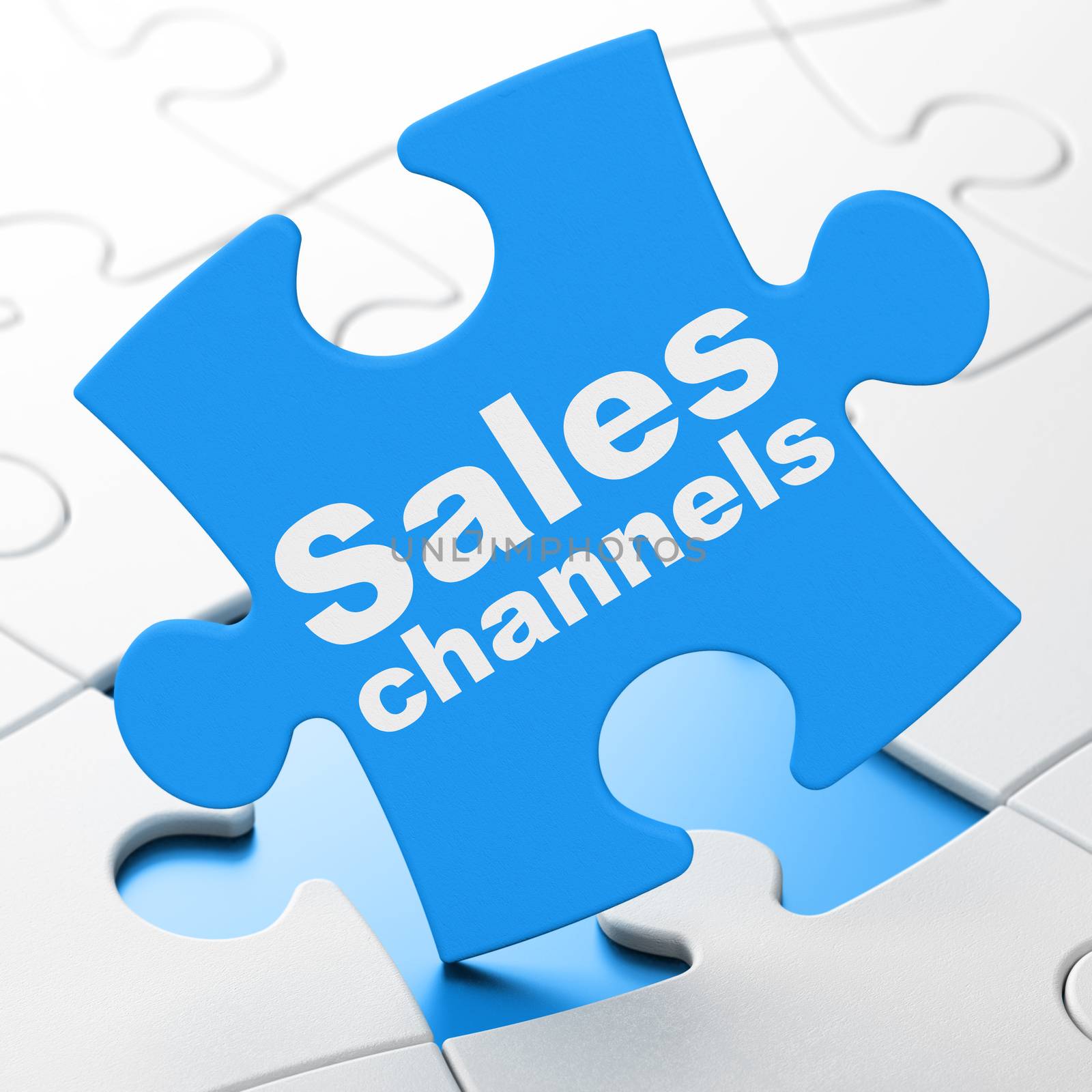 Marketing concept: Sales Channels on Blue puzzle pieces background, 3d render