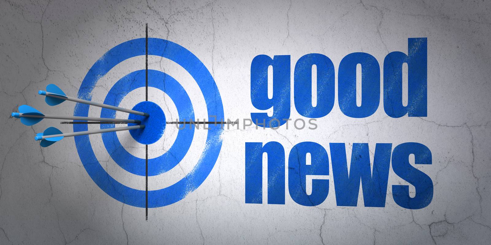 Success news concept: arrows hitting the center of target, Blue Good News on wall background, 3d render