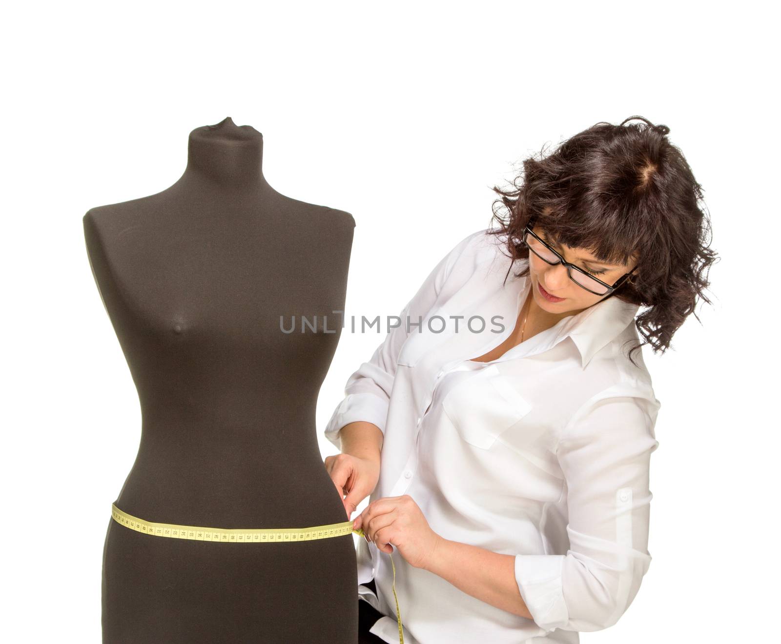 Adult tailor with mannequin, isolated on white