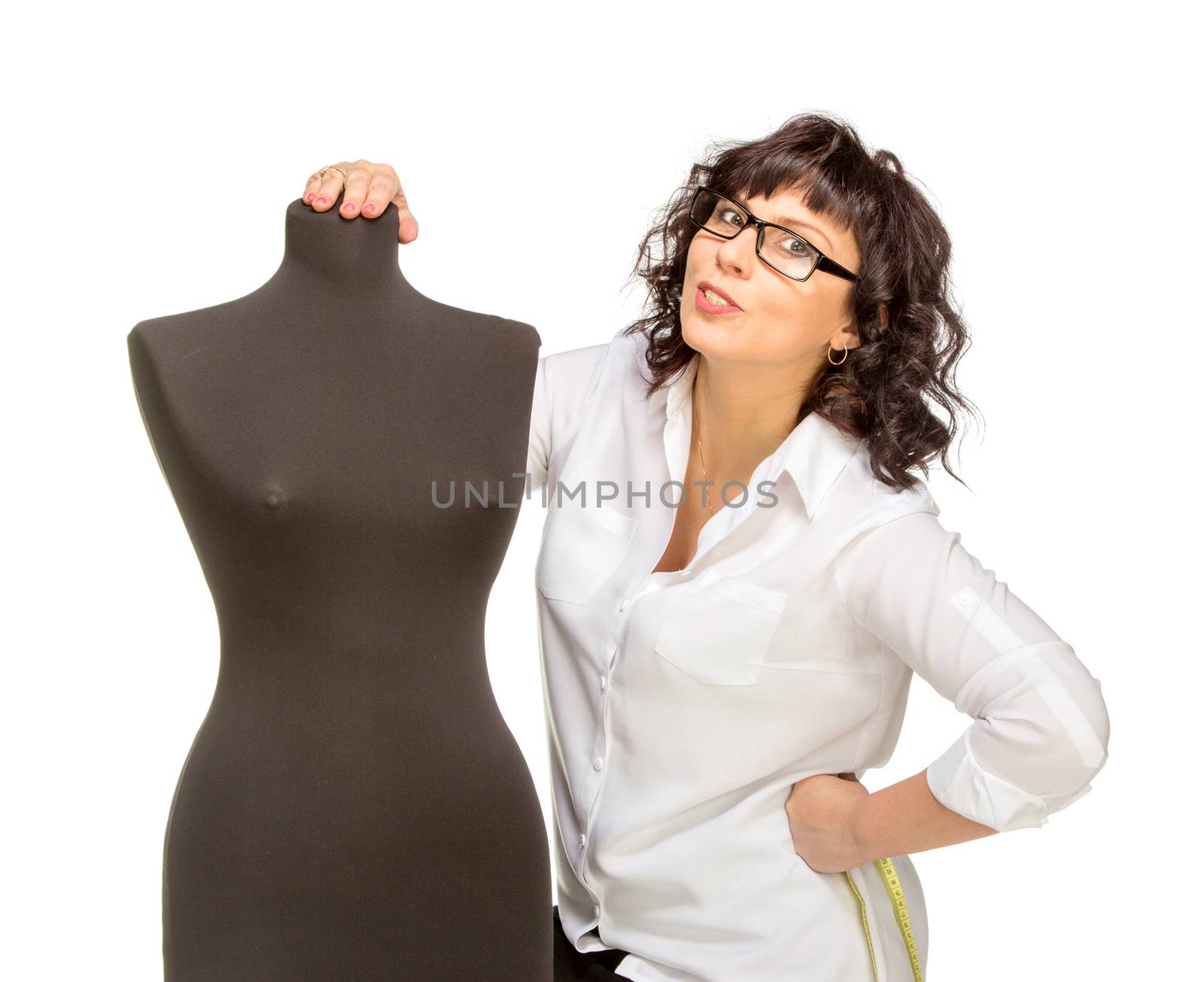 Happy Adult tailor woman with mannequin, isolated on white