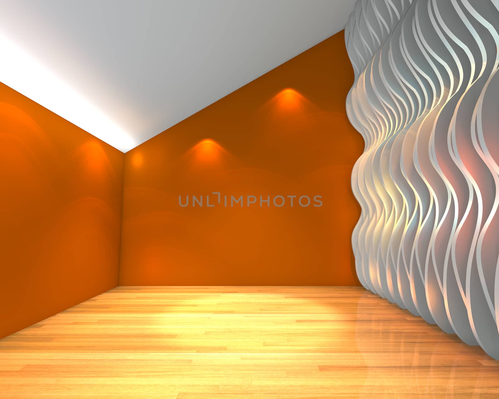Abstract orange empty room with wave wall and decorated with wooden floors.