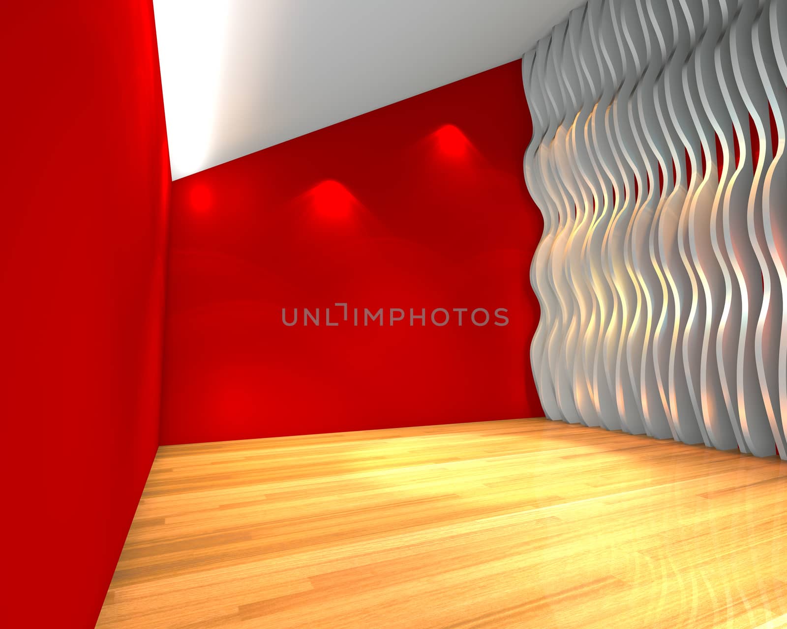 Abstract red empty room with wave wall by sumetho
