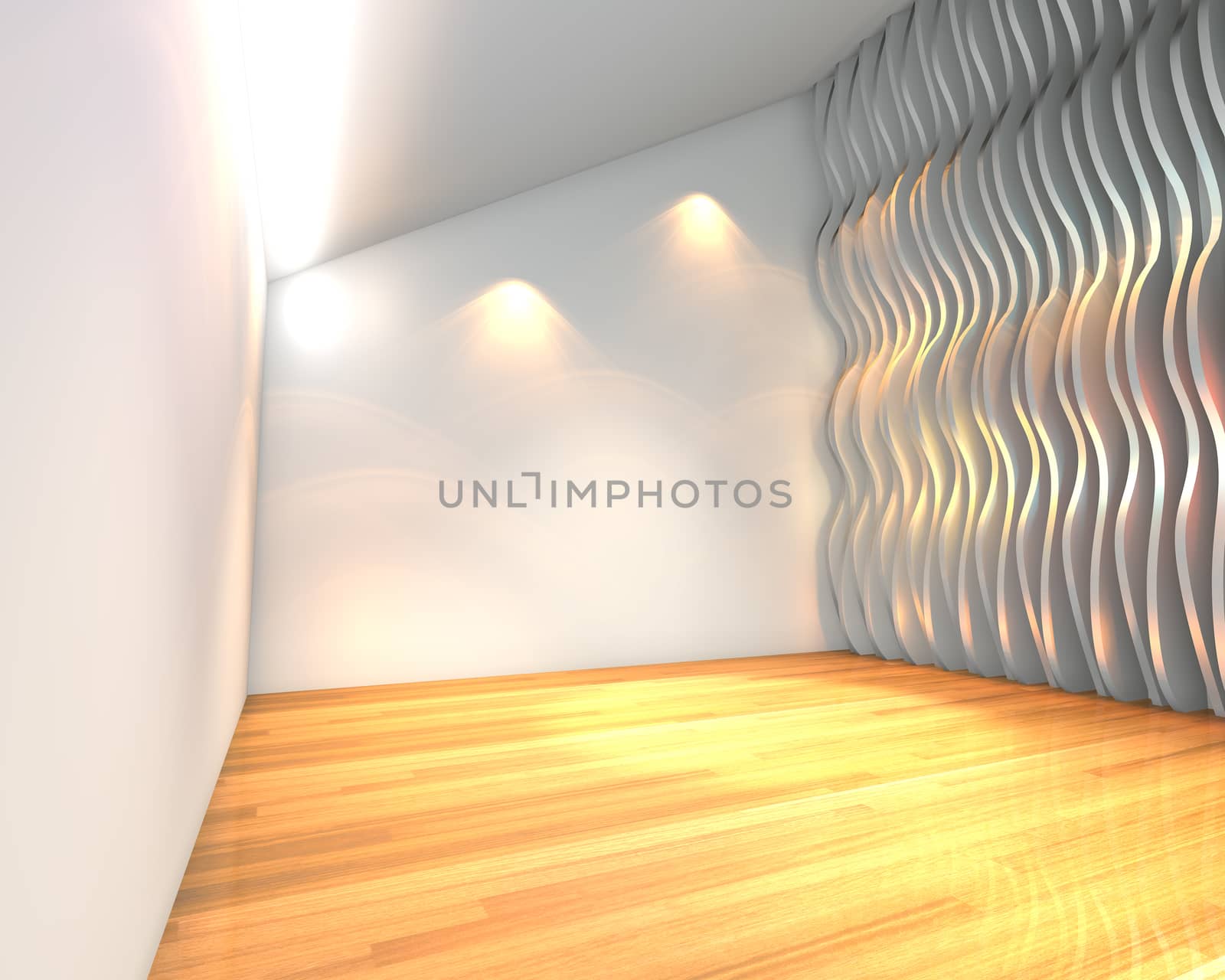 Abstract white empty room with wave wall by sumetho