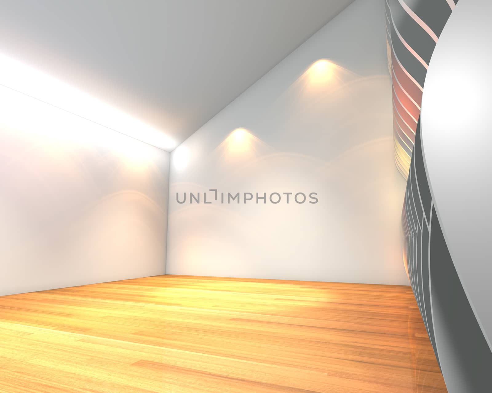 Abstract white empty room with wave wall and decorated with wooden floors.