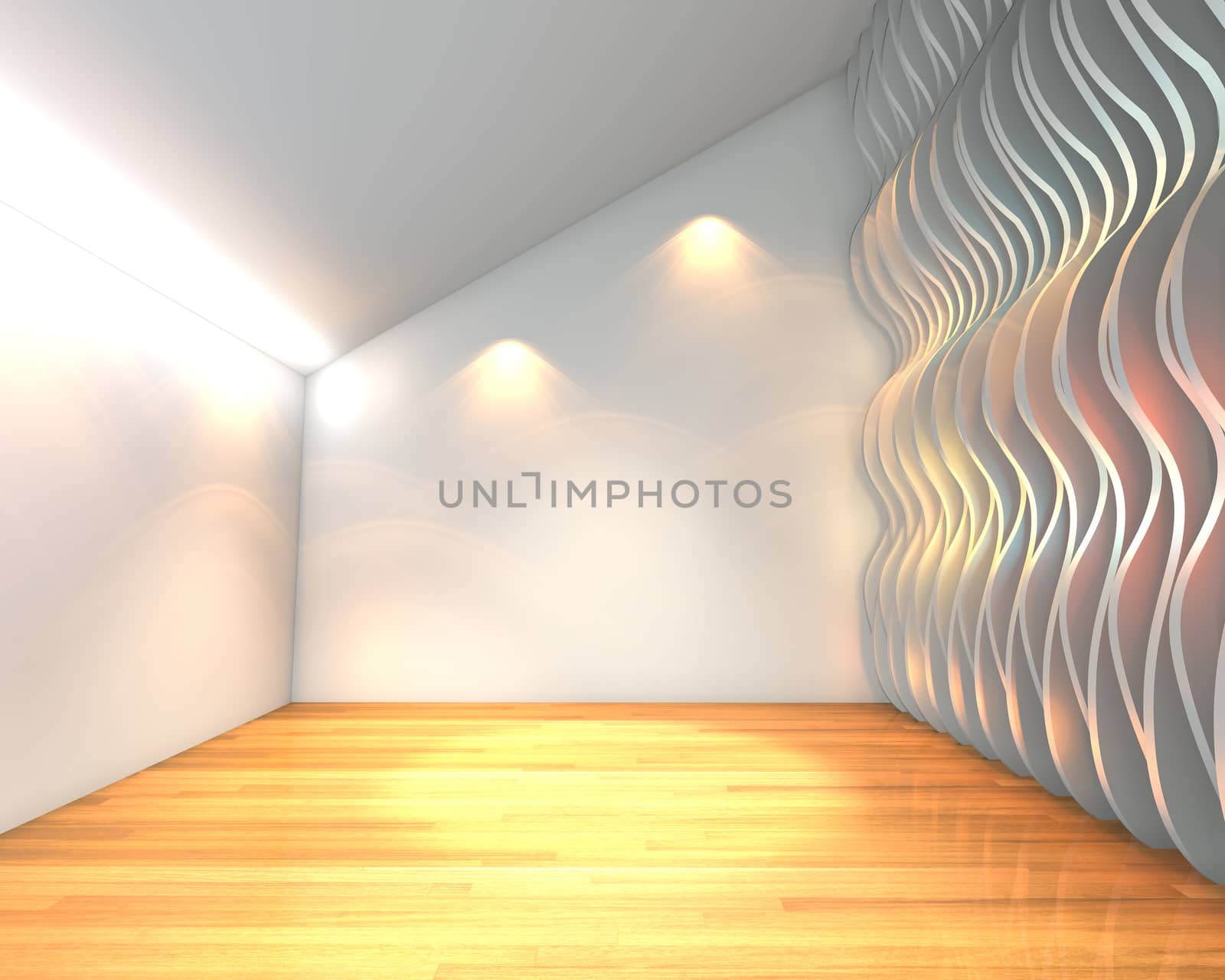 Abstract white empty room with wave wall and decorated with wooden floors.