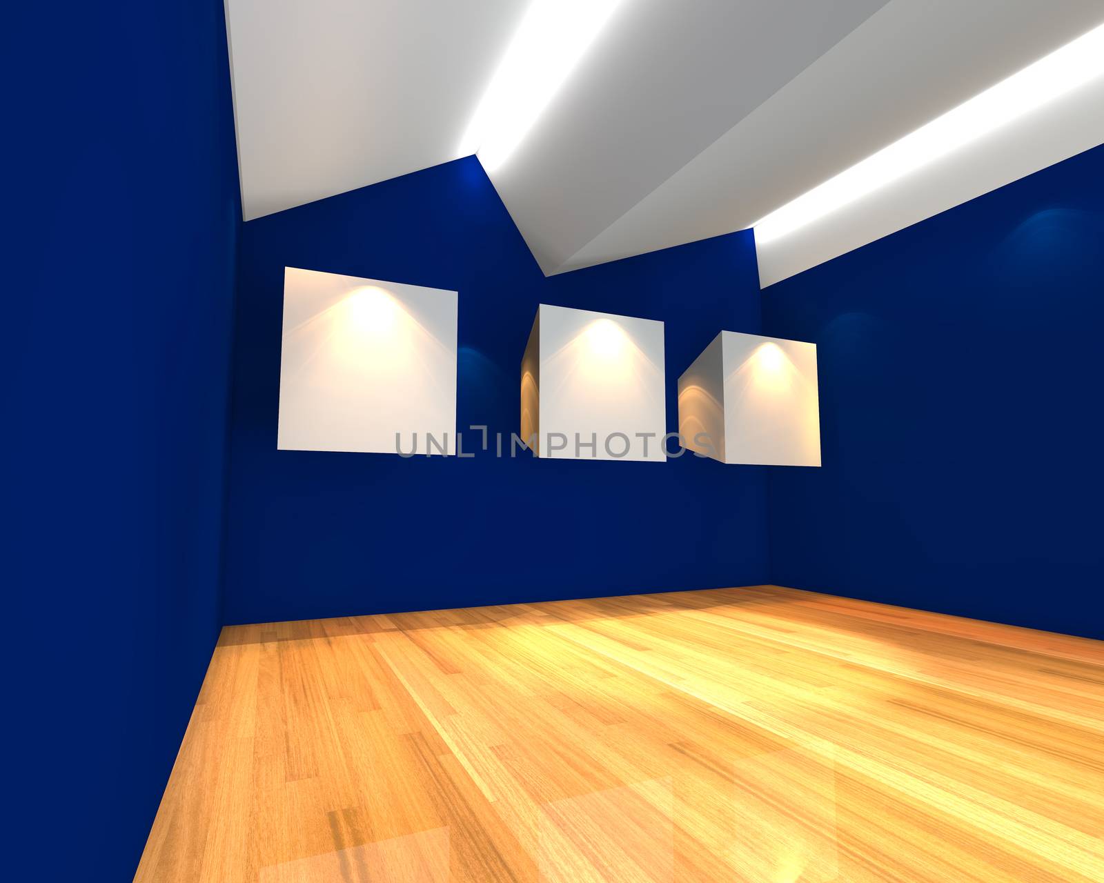Empty room interior with white canvas on blue wall in the gallery.