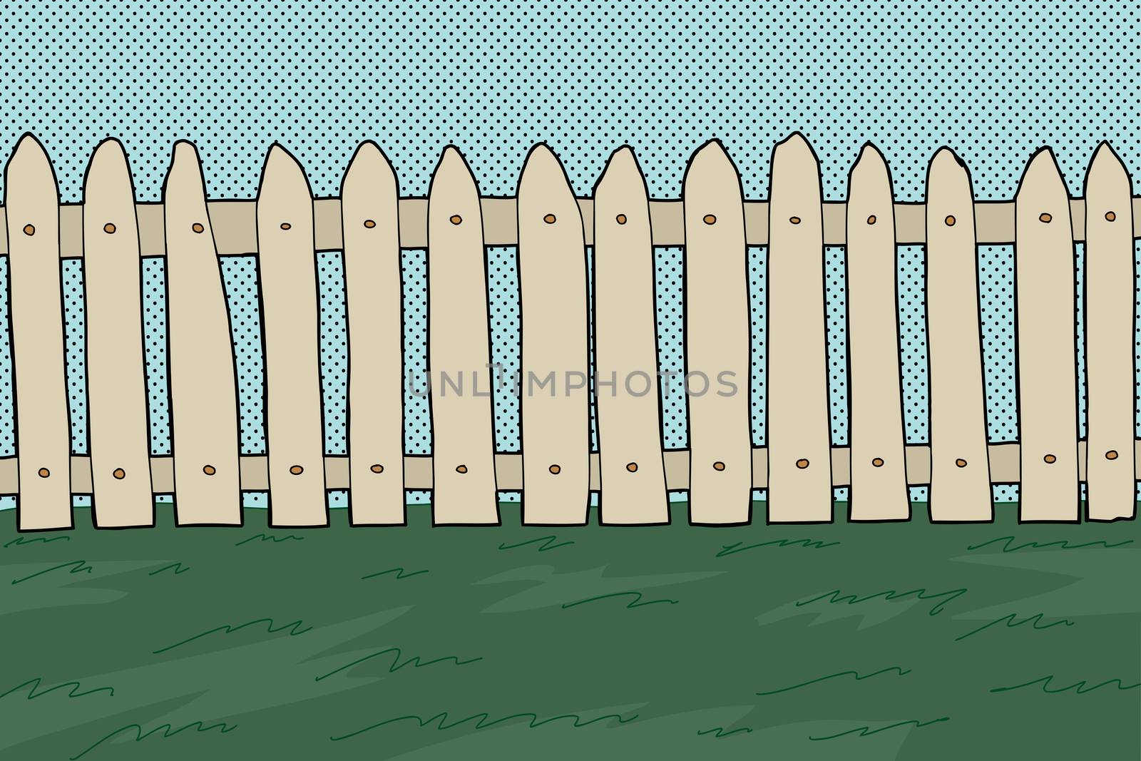 Wooden fence and grass over comic blue background