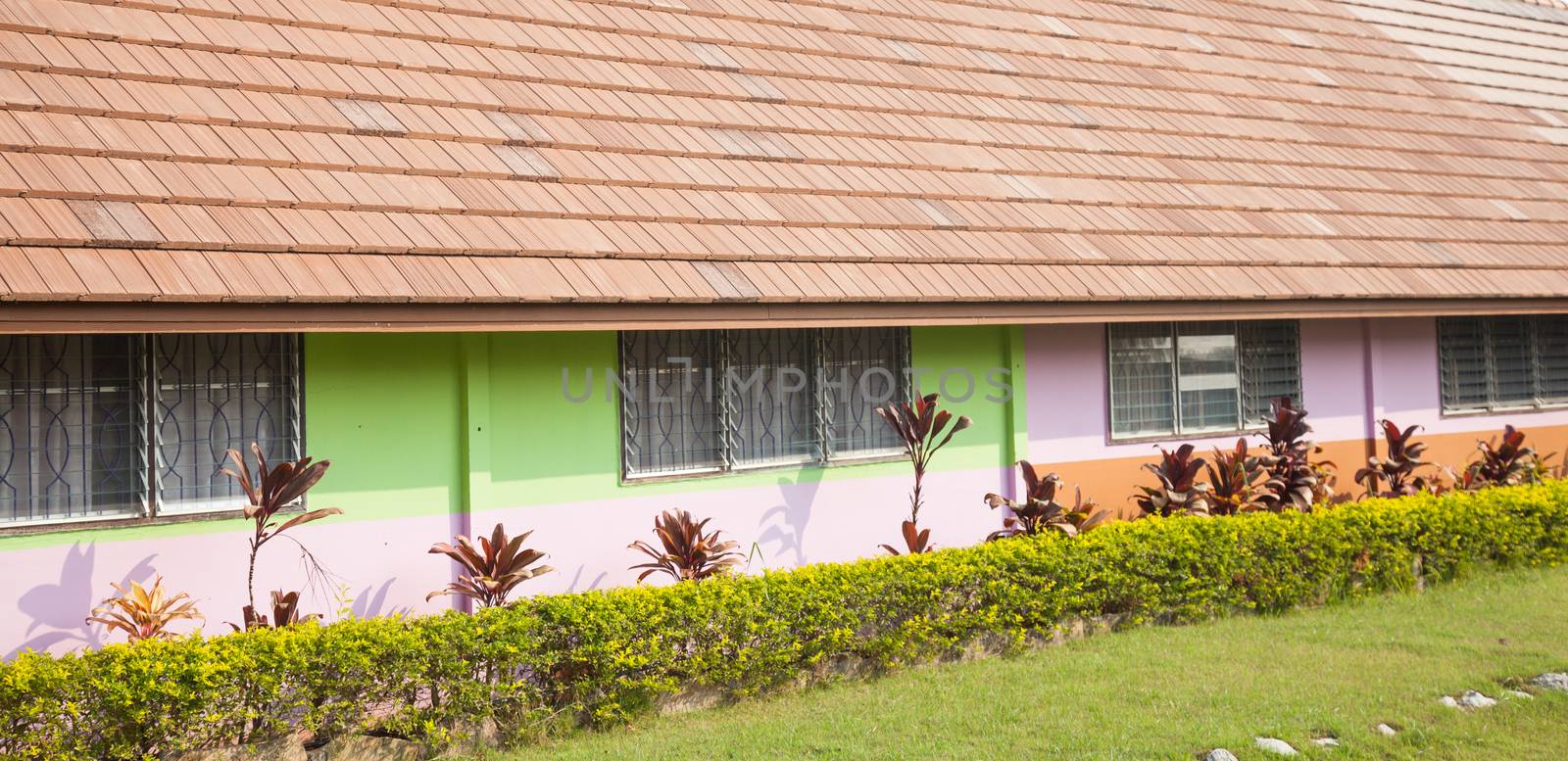 Home and garden walls with bright colors. And lawn outside of the house.