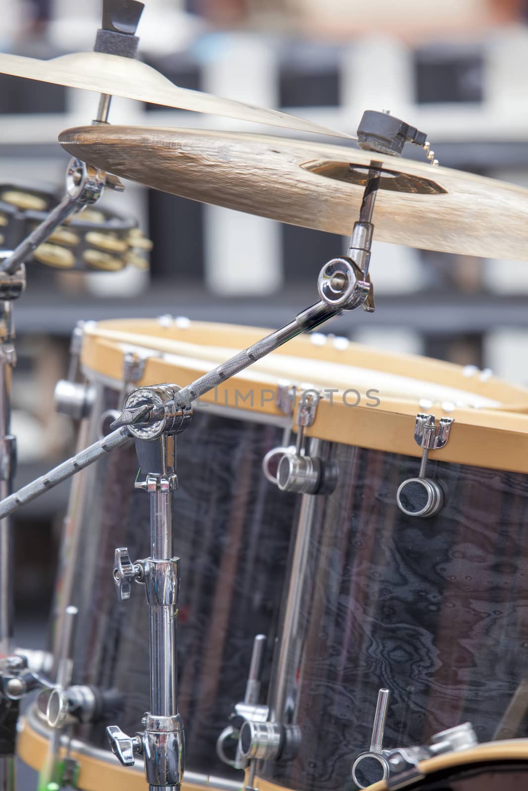 Drum Kit Set with Drums and Cymbals for Live Concert Performance Closeup