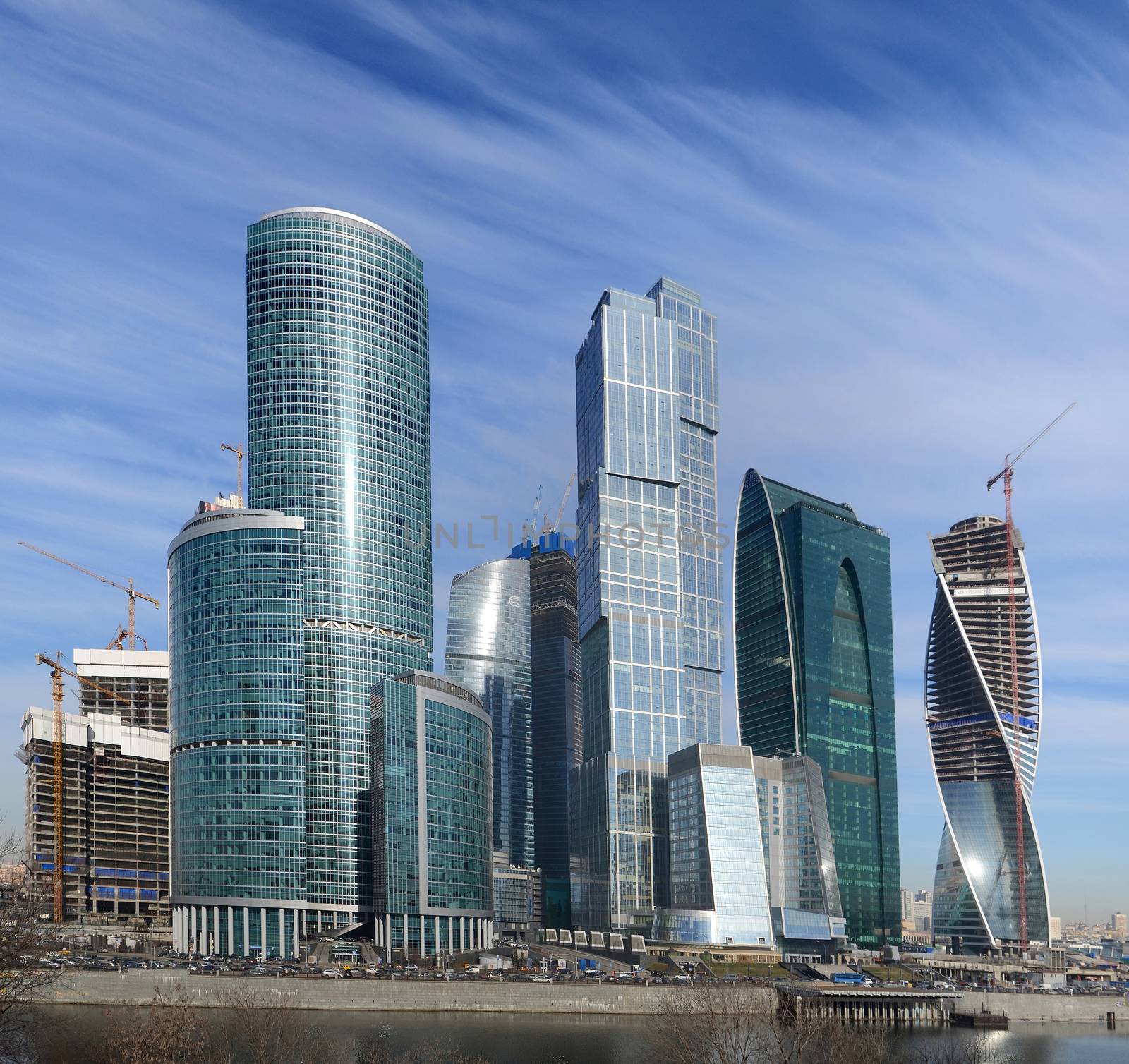 view on new Moscow City buildings from river 