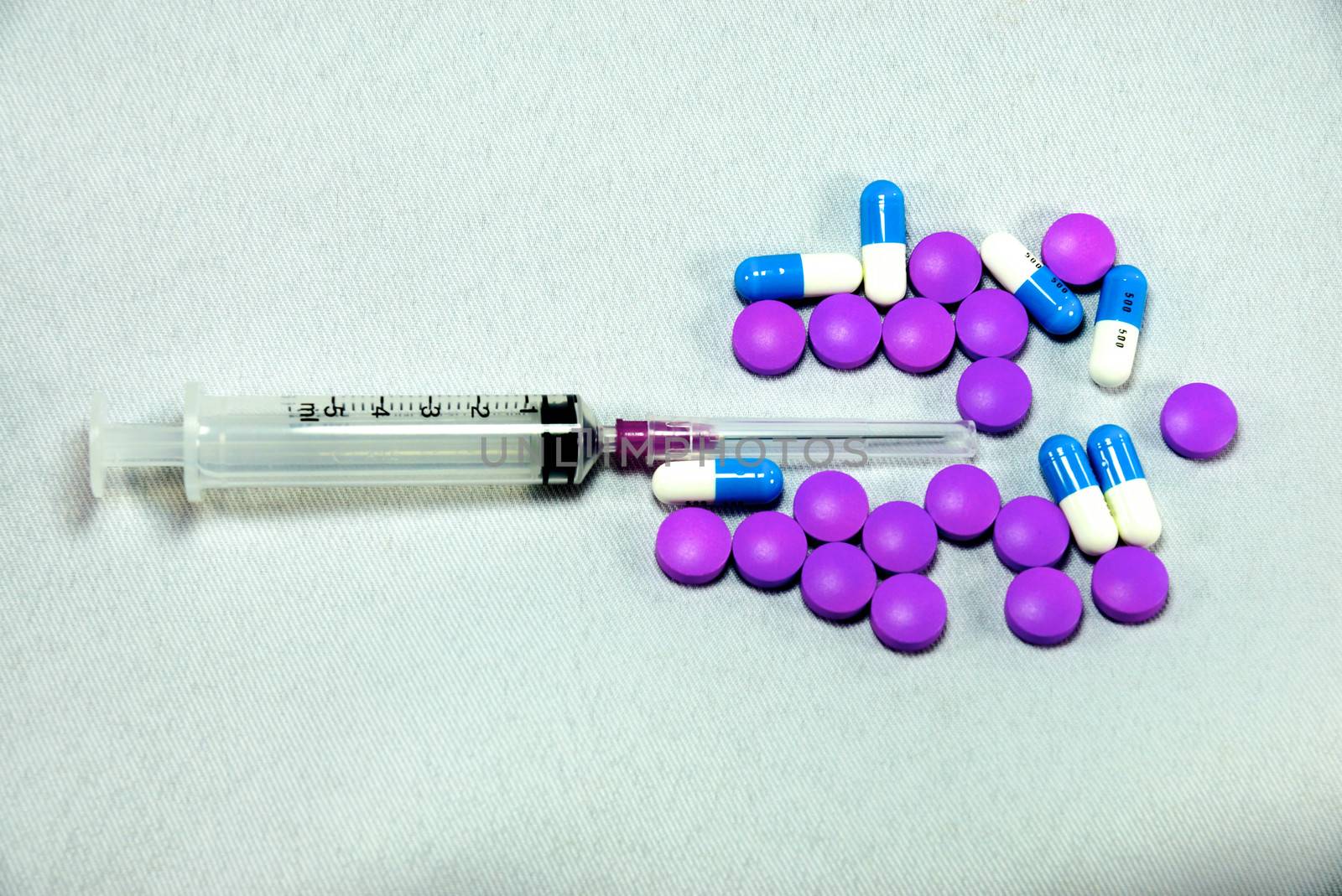 5 cc syringe and two typed of medicines,shallow focus