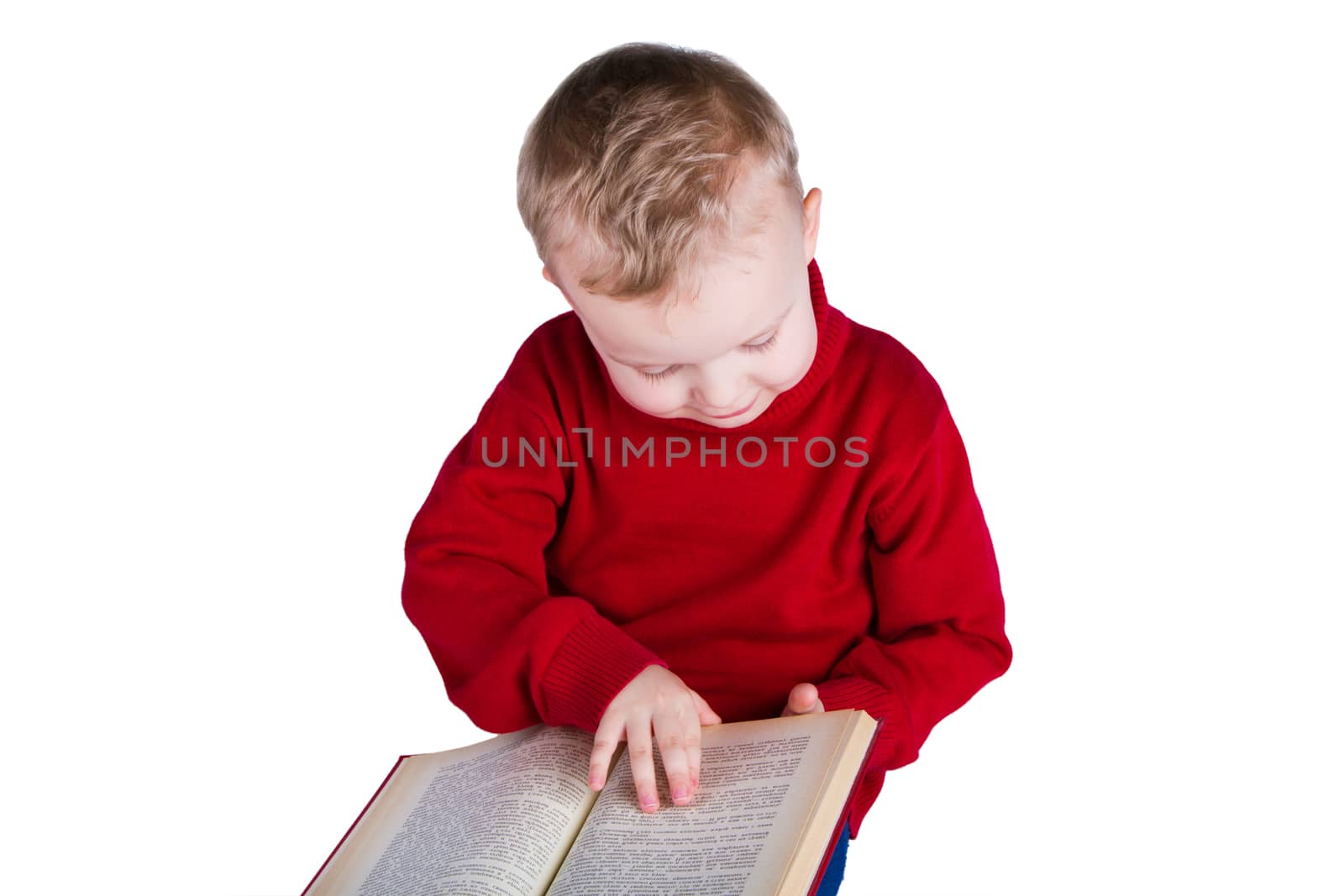 Boy reading a book - stock photos. Isolated on white background