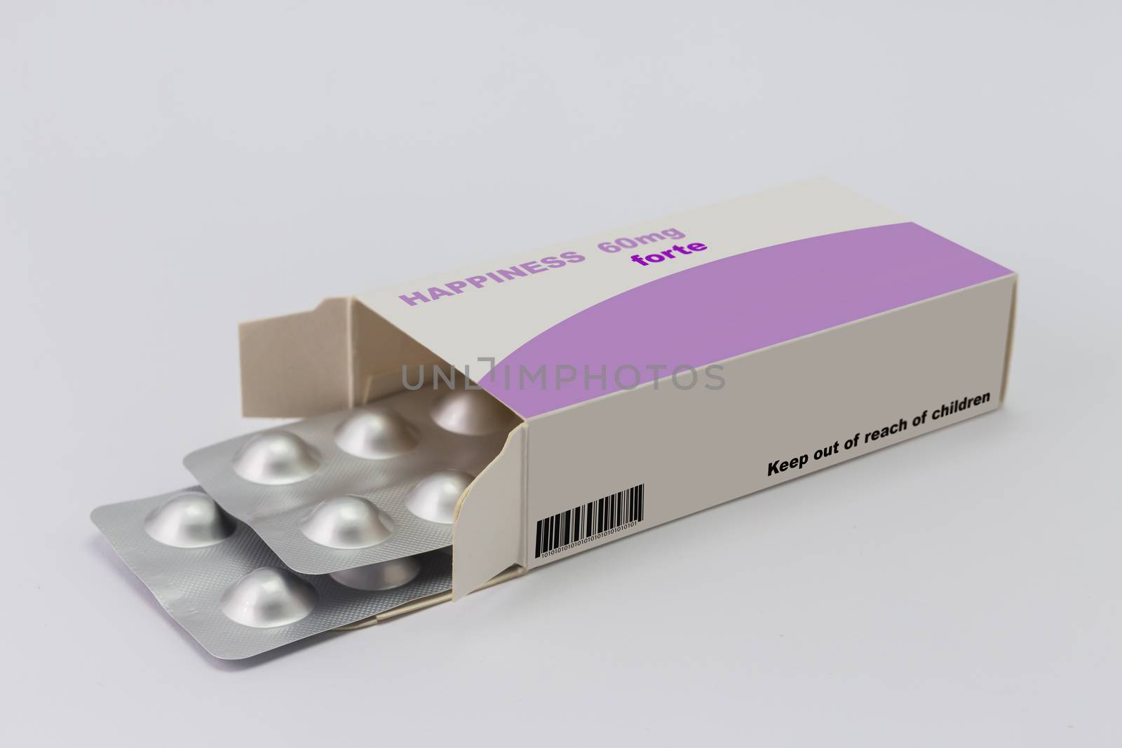 Open medicine packet labelled happiness opened at one end to display a blister pack of tablets, illustration on white 