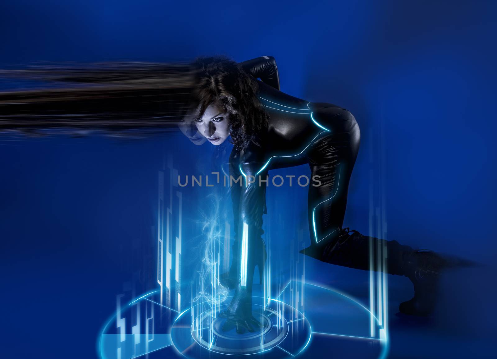 Sci-fi woman in blue neon lights, travel time