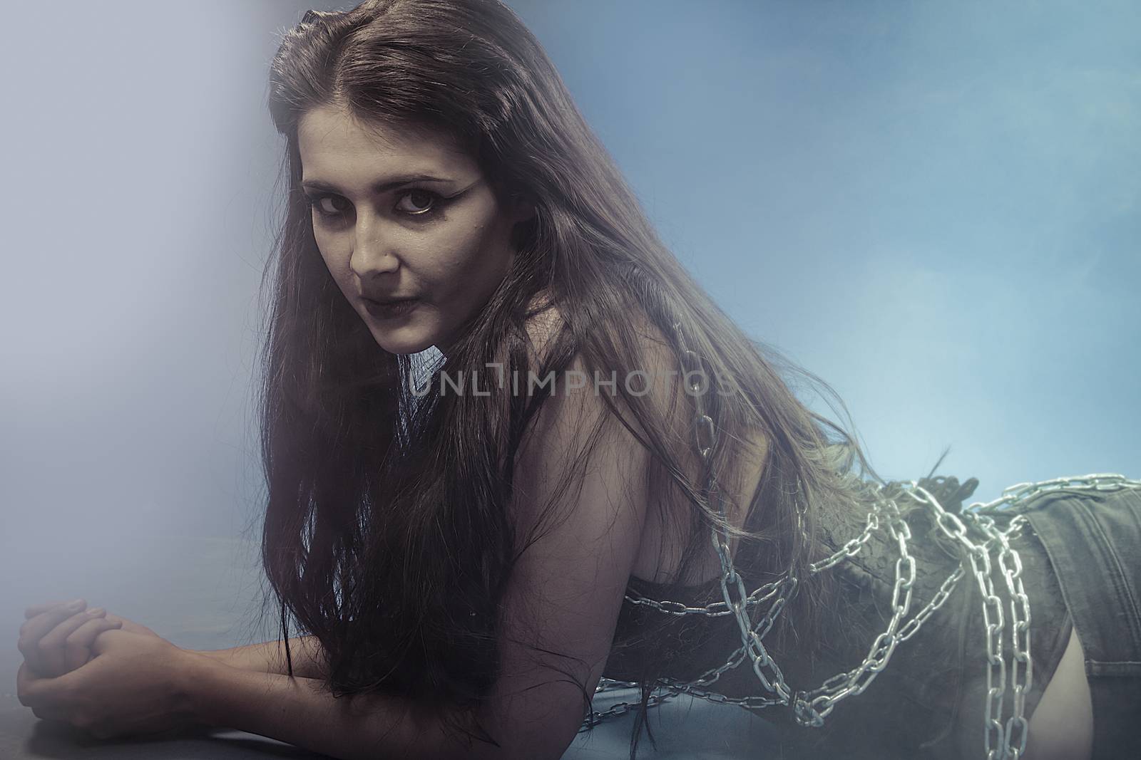 Sensual brunette woman with silver chains in her body by FernandoCortes