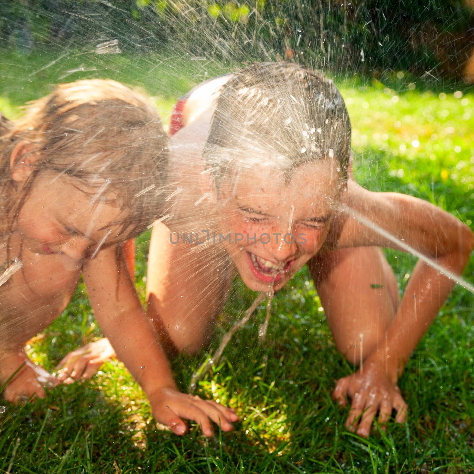 Children playing in a summer garden by naumoid