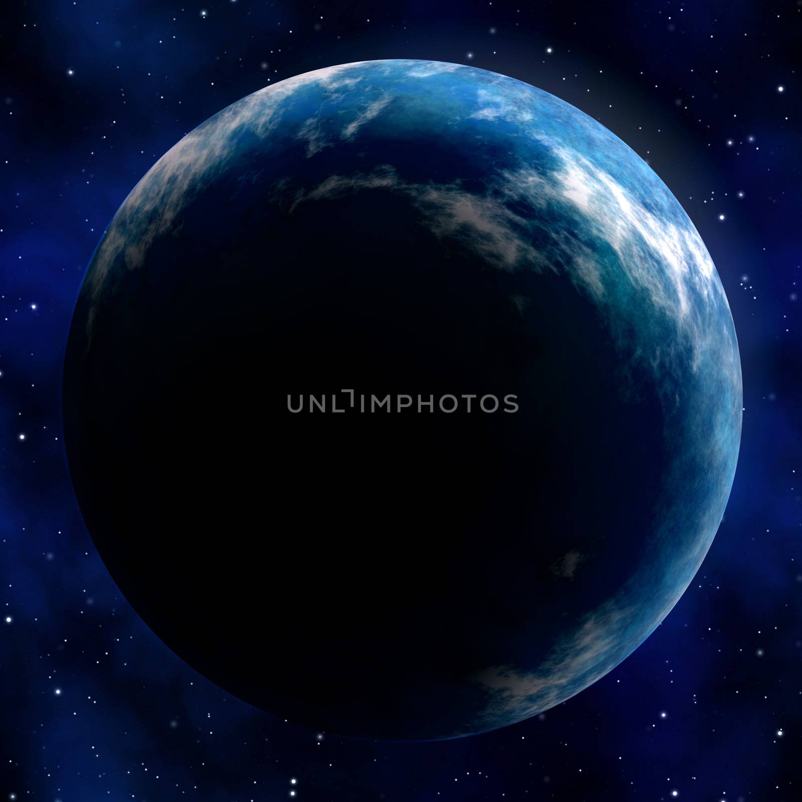 Illustration of the great blue planet earth seen in outer space with stars in the background.