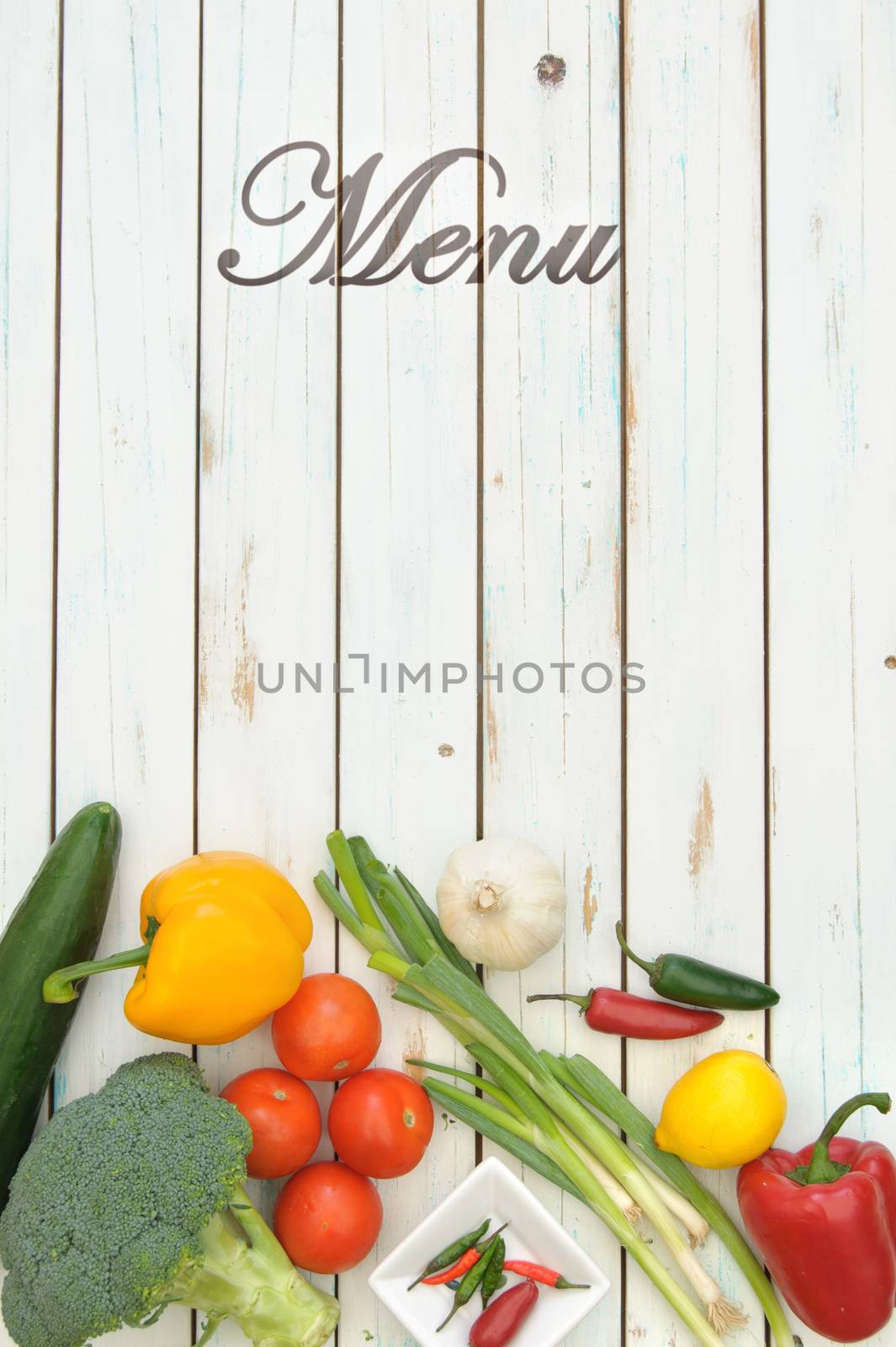 Empty menu board with fresh products and ingredients