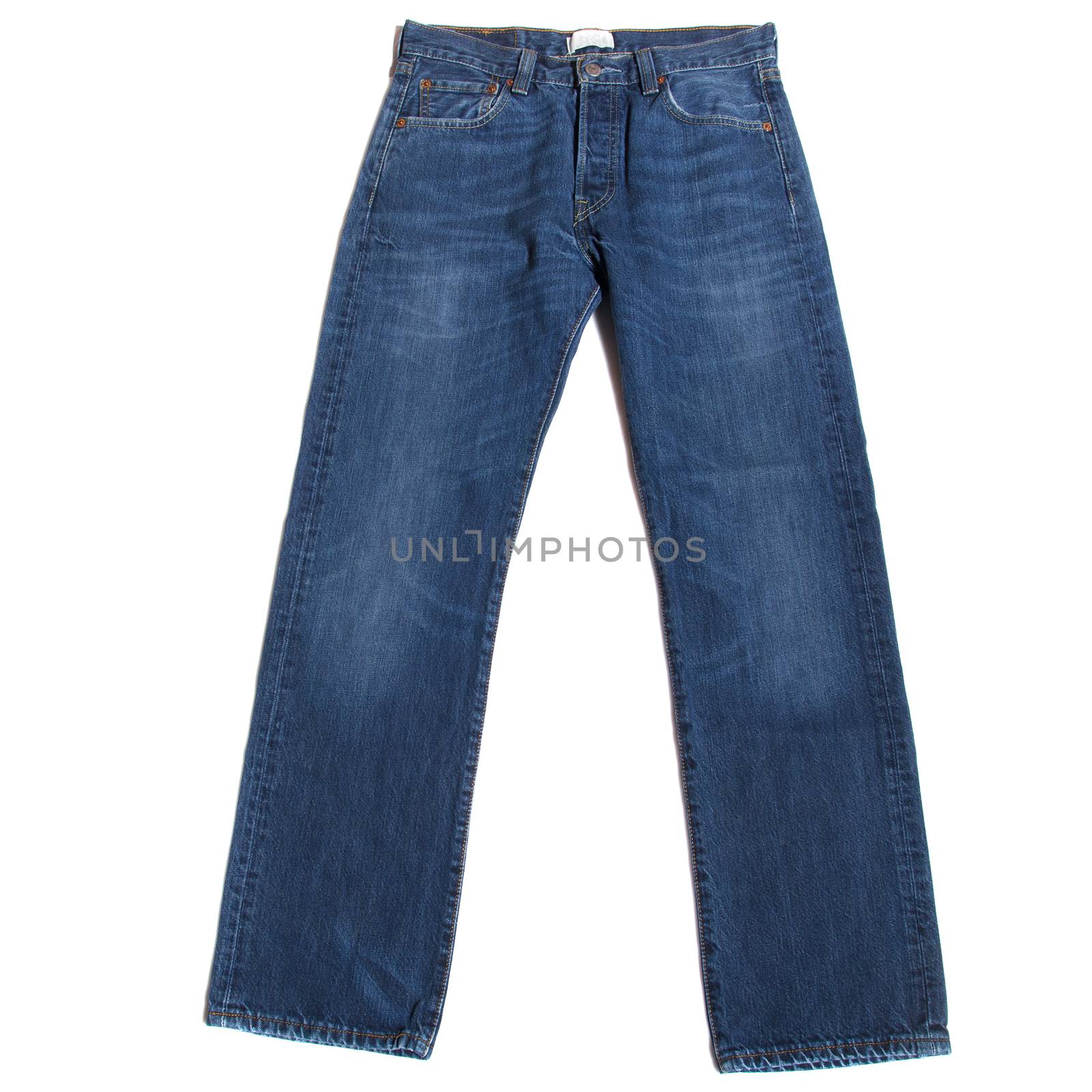 Classic blue jeans on white background
