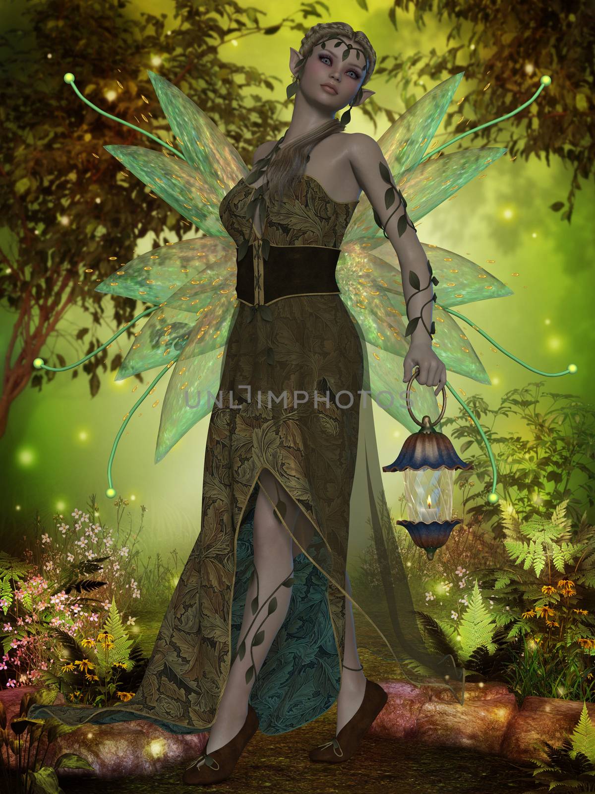 A fairy with iridescent wings carries a lantern through the magical forest.