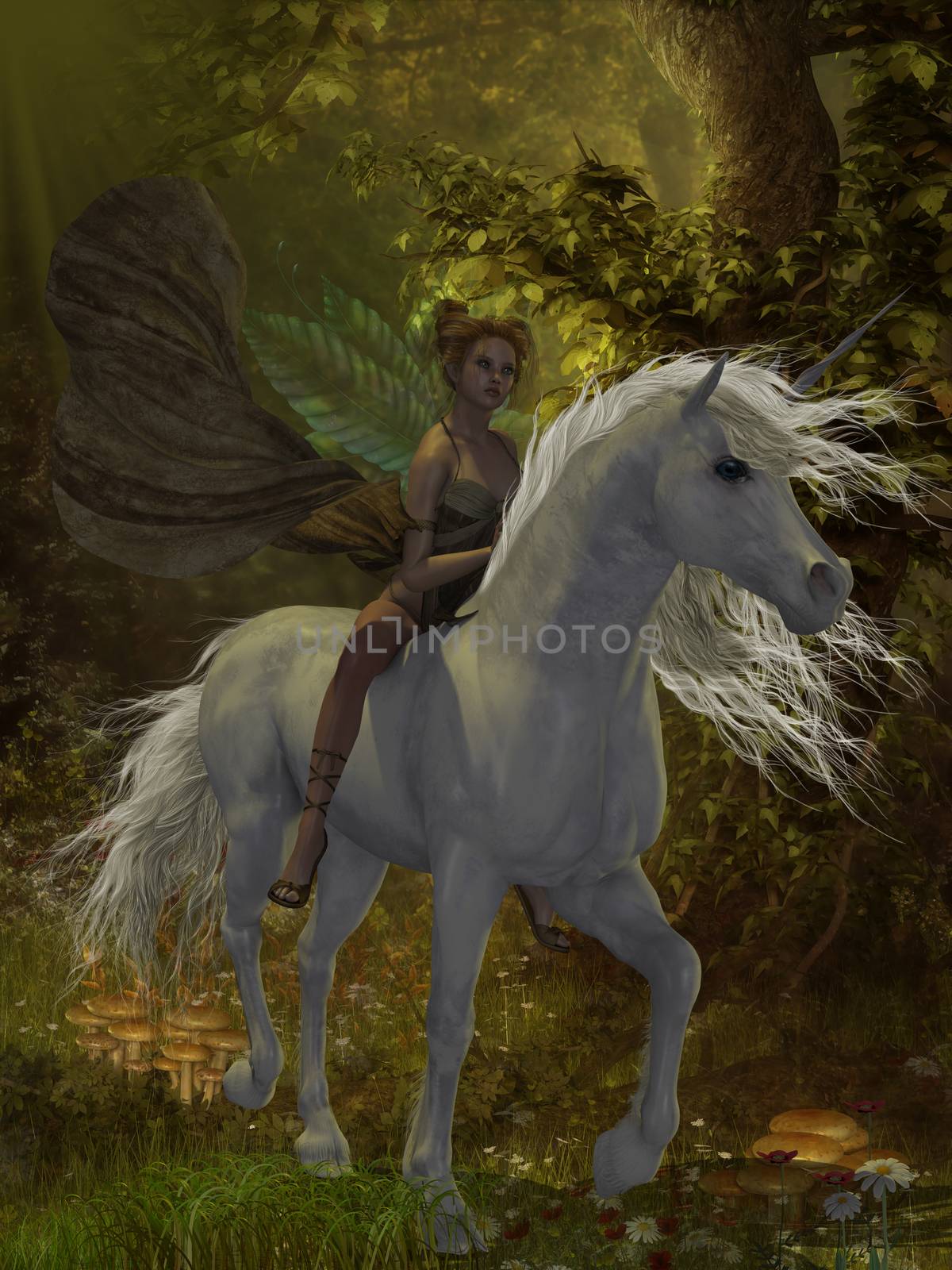 A fairy rides a wild white unicorn through the magical forest.