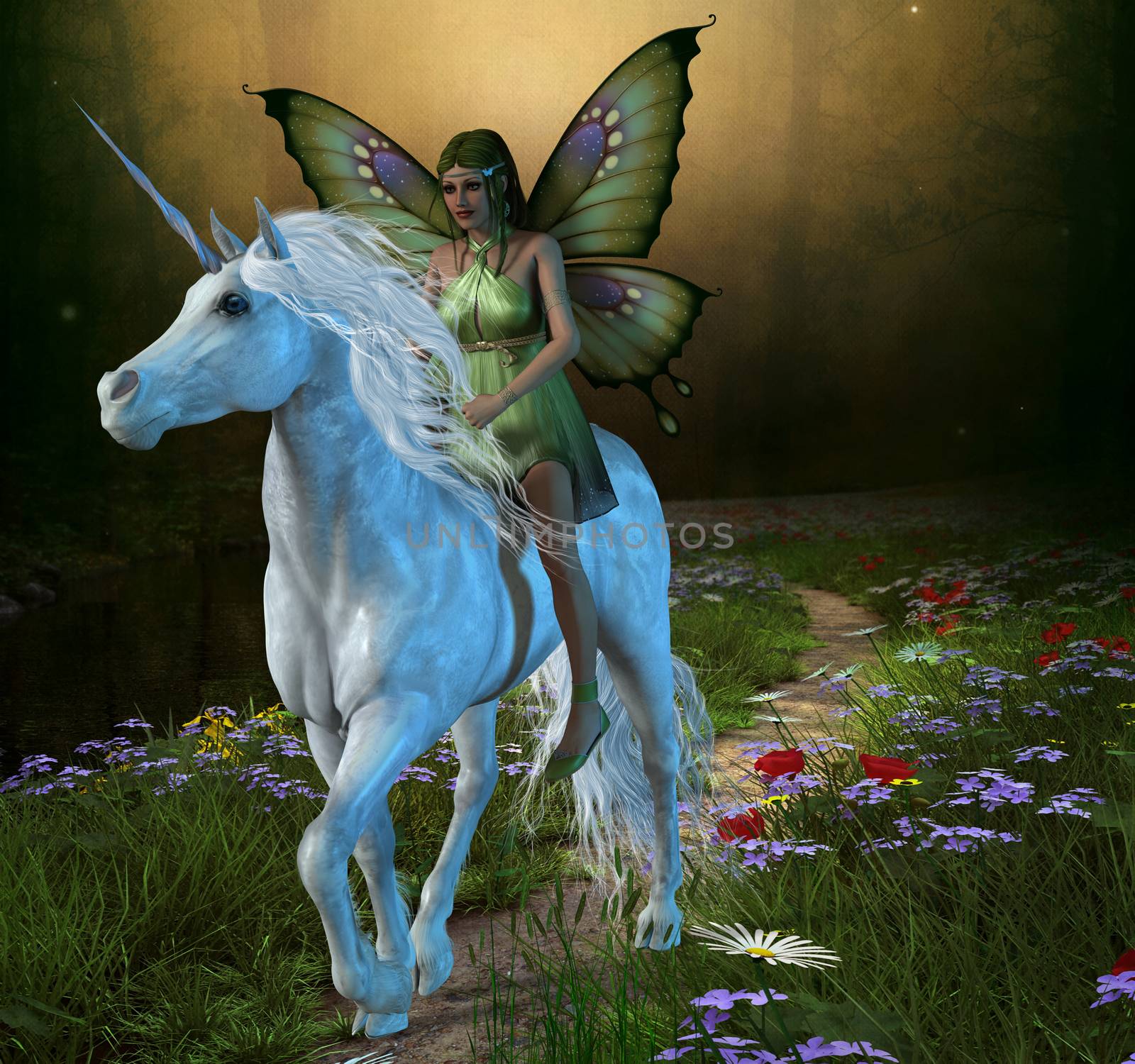 A fairy rides a white unicorn down a path in the magical forest.