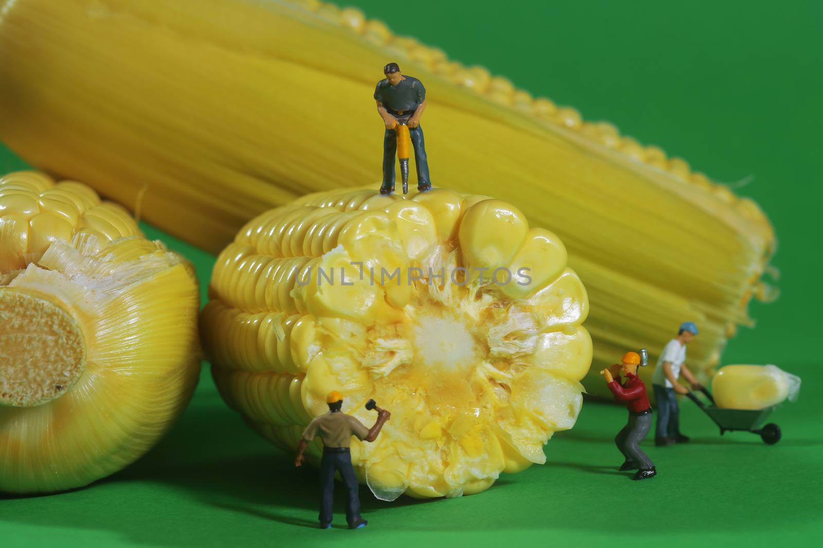 Miniature Construction Workers in Conceptual Food Imagery With Corn