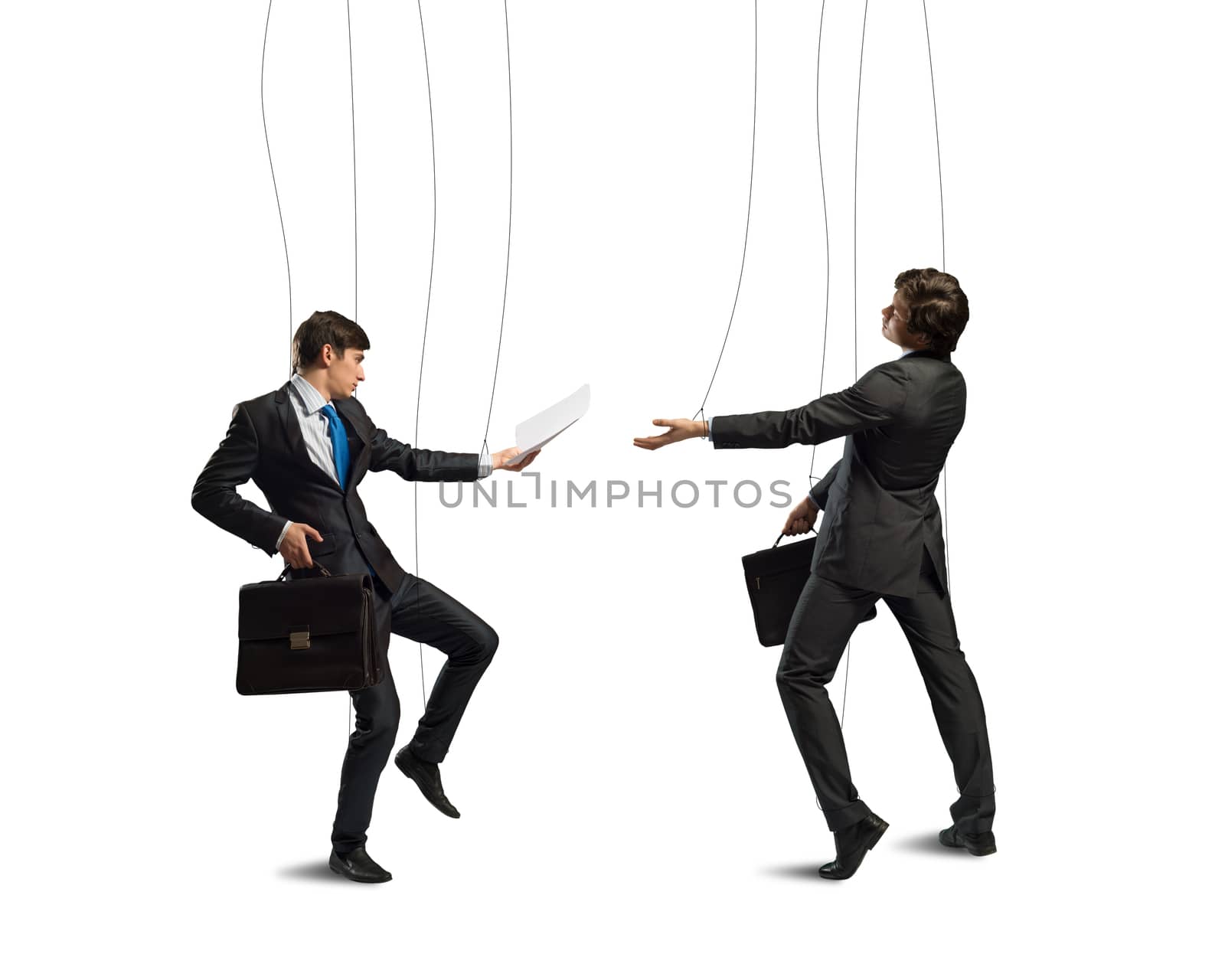 image of a two businessman puppet doll pass each other business papers