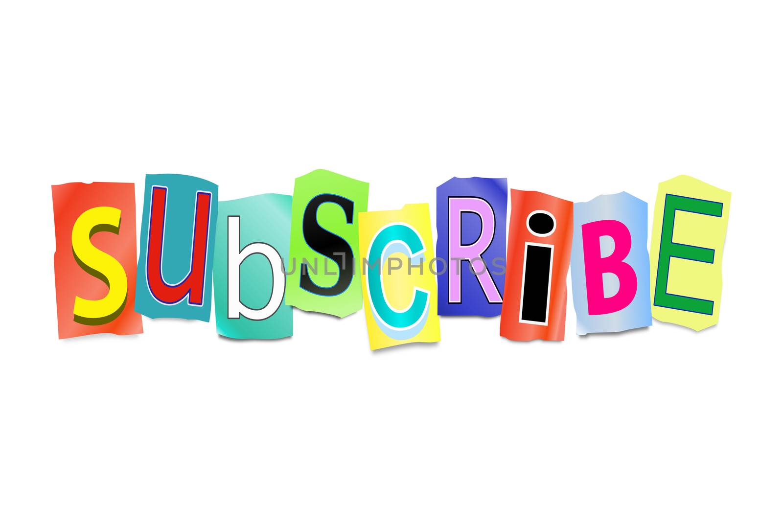 Illustration depicting a set of cut out printed letters arranged to form the word subscribe.