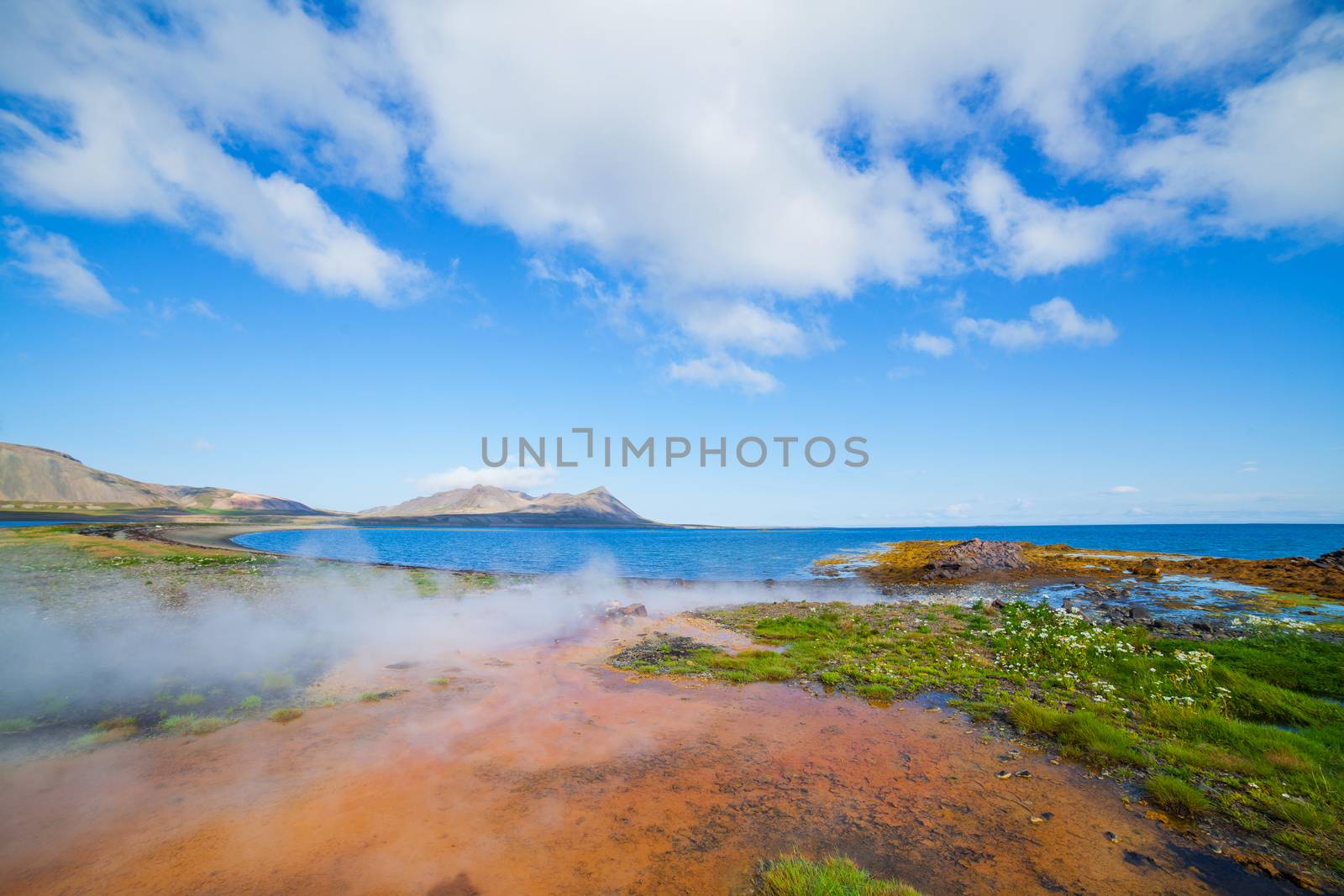 Steaming geothermal spring near Atlantic ocean in Volcanic Iceland