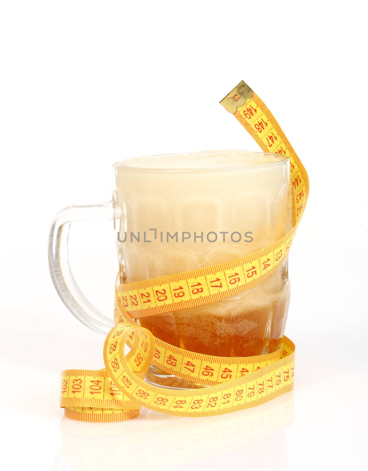 beer mug and tape measure on white. Diet concept
