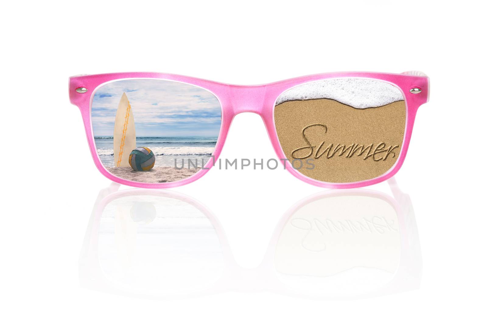 Summer holiday. Summer written in sand, tropical island with surfboard and volleyball ball in pink sunglasses isolated on white background. Conceptual summer vacation.