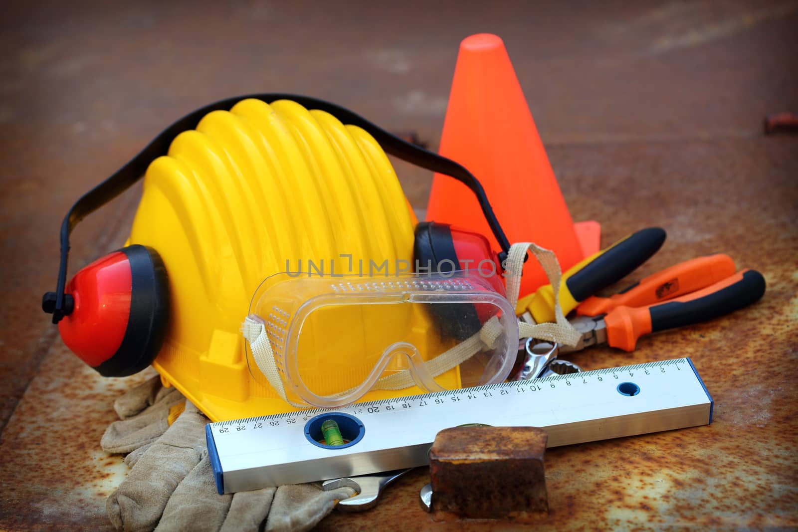 Safety equipment  set,  close up on rusty surface