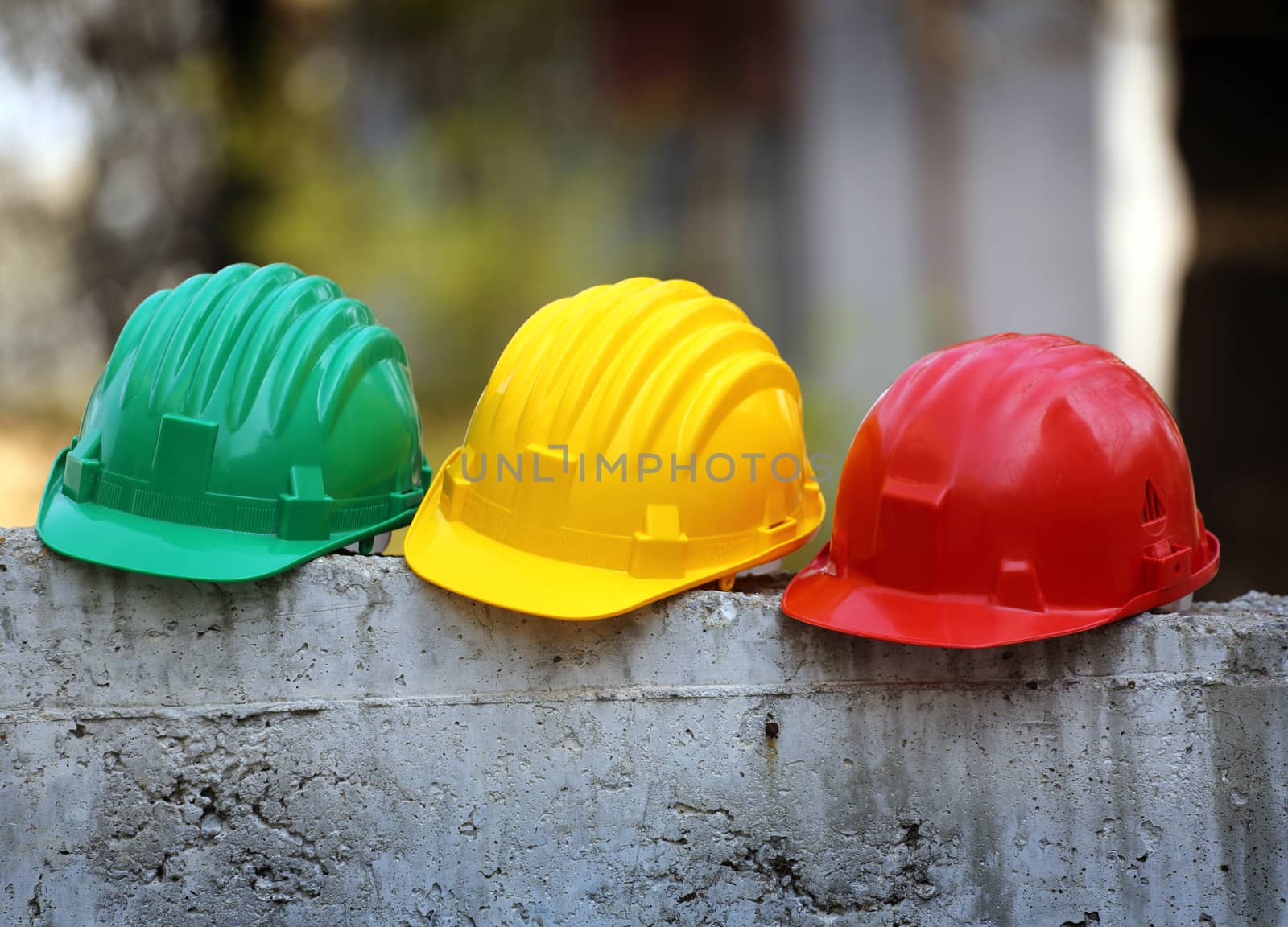 Some helmets close up on work place 